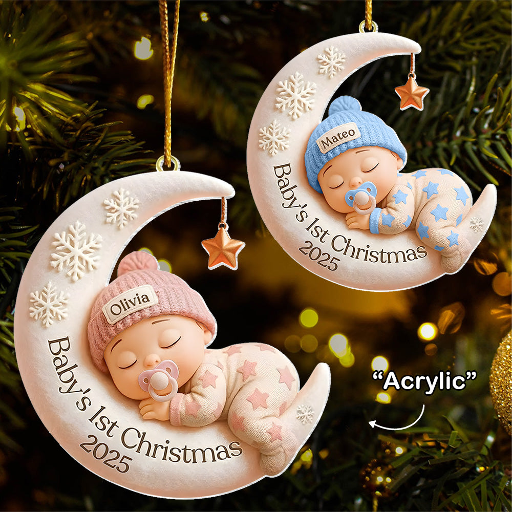 Baby’s First Christmas Ornament – Custom 3D Moon Acrylic Keepsake, Personalized Newborn Gift, Unique Holiday Decoration, Baby Gift Idea