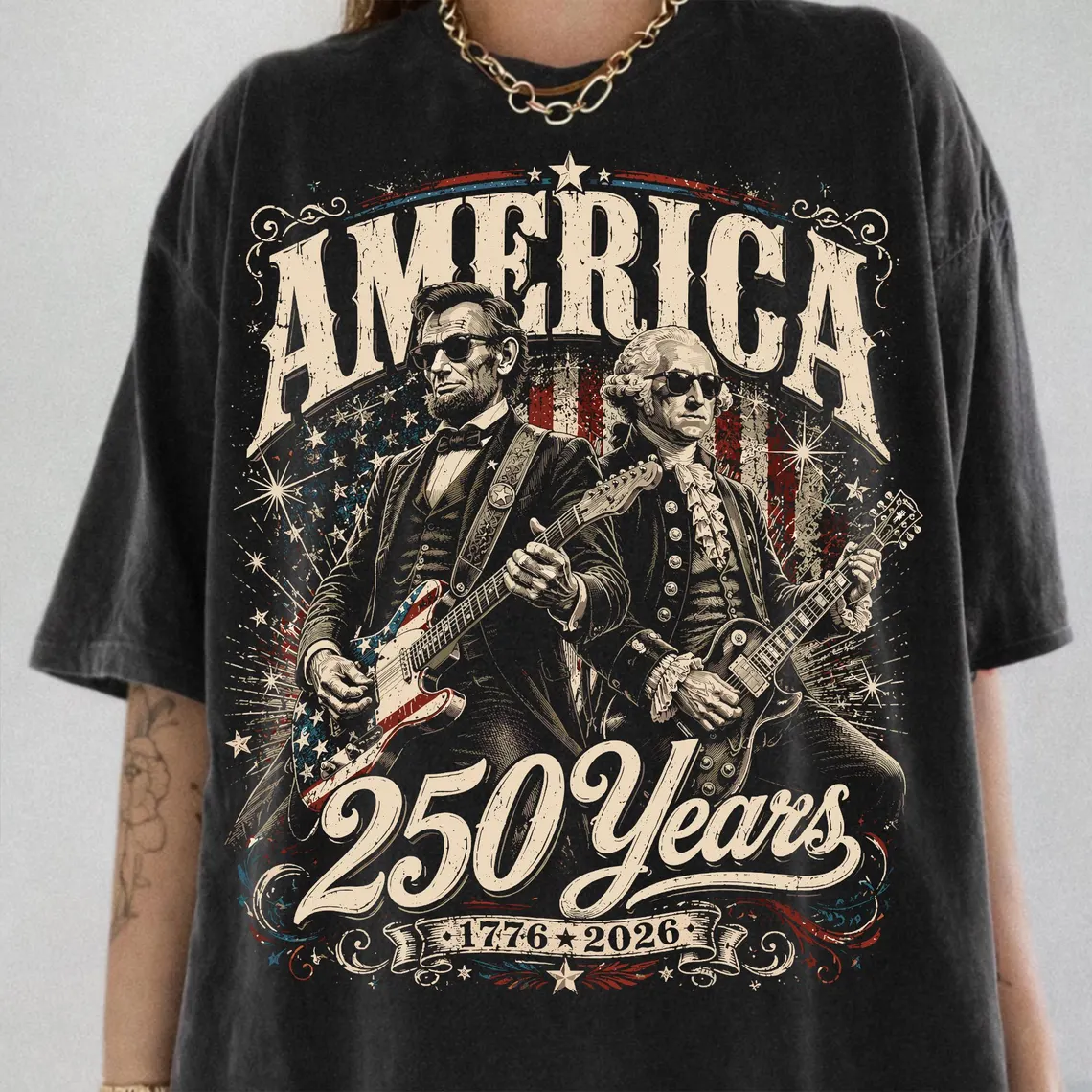 250 Years America Anniversary Guitar Shirt, George Washington & Lincoln Playing Guitar, Funny 4th of July Rock Tee Hv01