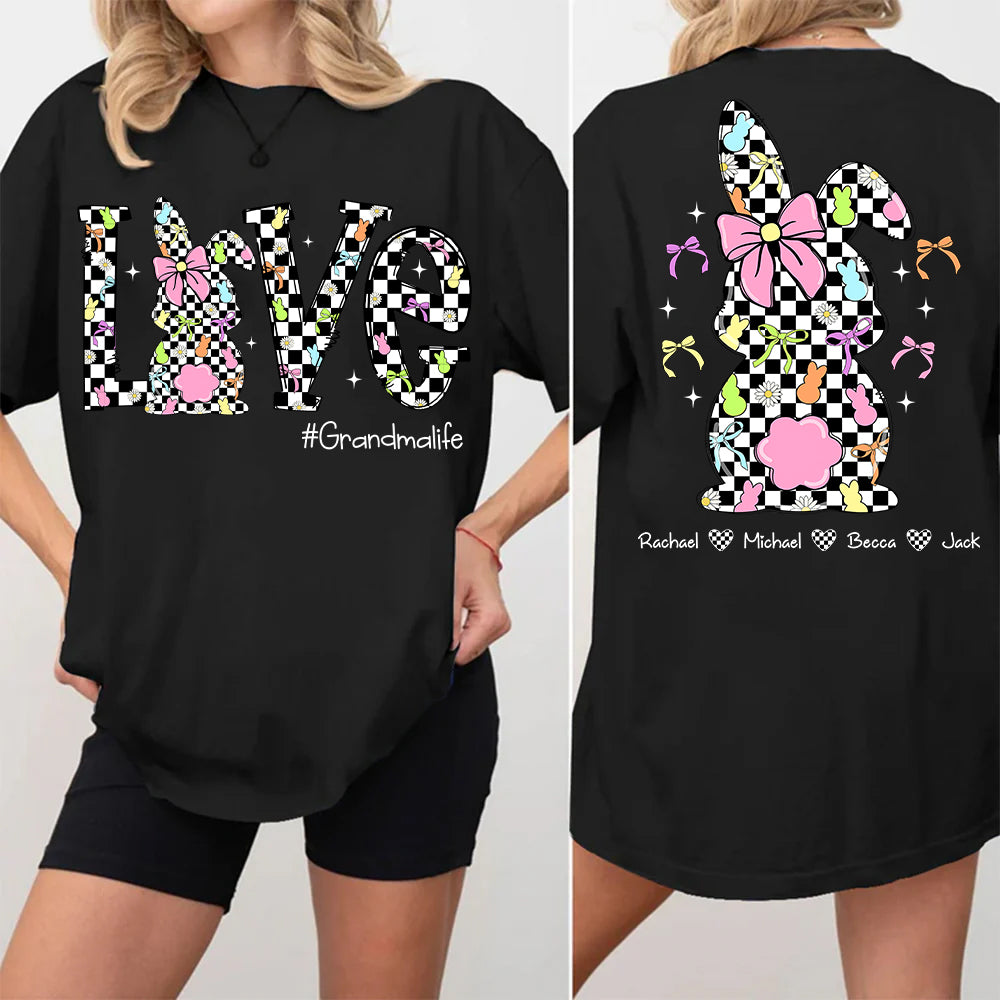 Custom Easter Retro Checkered Pink Bunny Bow T-Shirt, Personalized Gift For Grandma & Kids Tu20