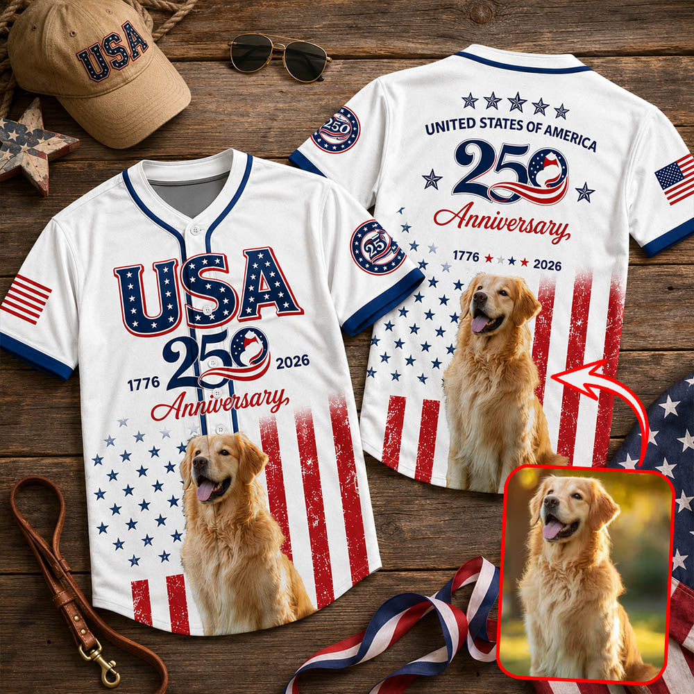 Custom Upload Photo Golden Retriever USA 250th Anniversary Baseball Jersey 1776-2026 Patriotic Dog Lovers Shirt