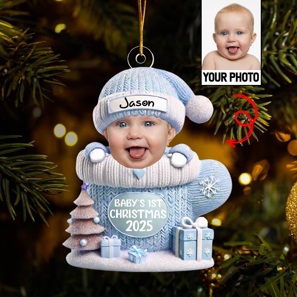 Baby In Mitten - Custom Photo Baby’s 1st Christmas Acrylic Ornament A2110