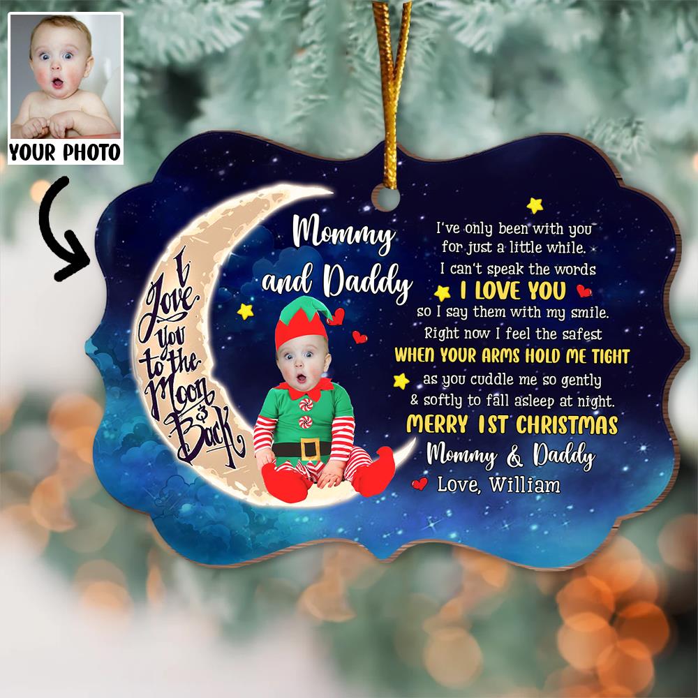 Personalized Adorable Newborn Baby Elf First Christmas Ornament - Custom Face Baby Wooden Ornament