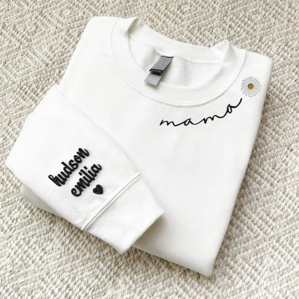 Custom Mama Embroidered Sweatshirt With Kid Name On Sleeve - Personalized Grandma Embroidered Sweatshirt