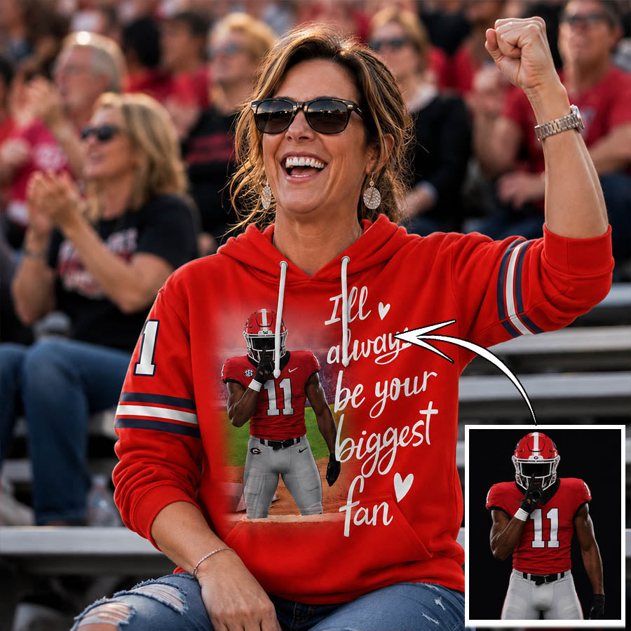 Personalized Football Mom Shirt, Custom Player Photo Name Number, I’ll Always Be Your Biggest Fan Sports Mom Gift, Football Mom, Dad, Family