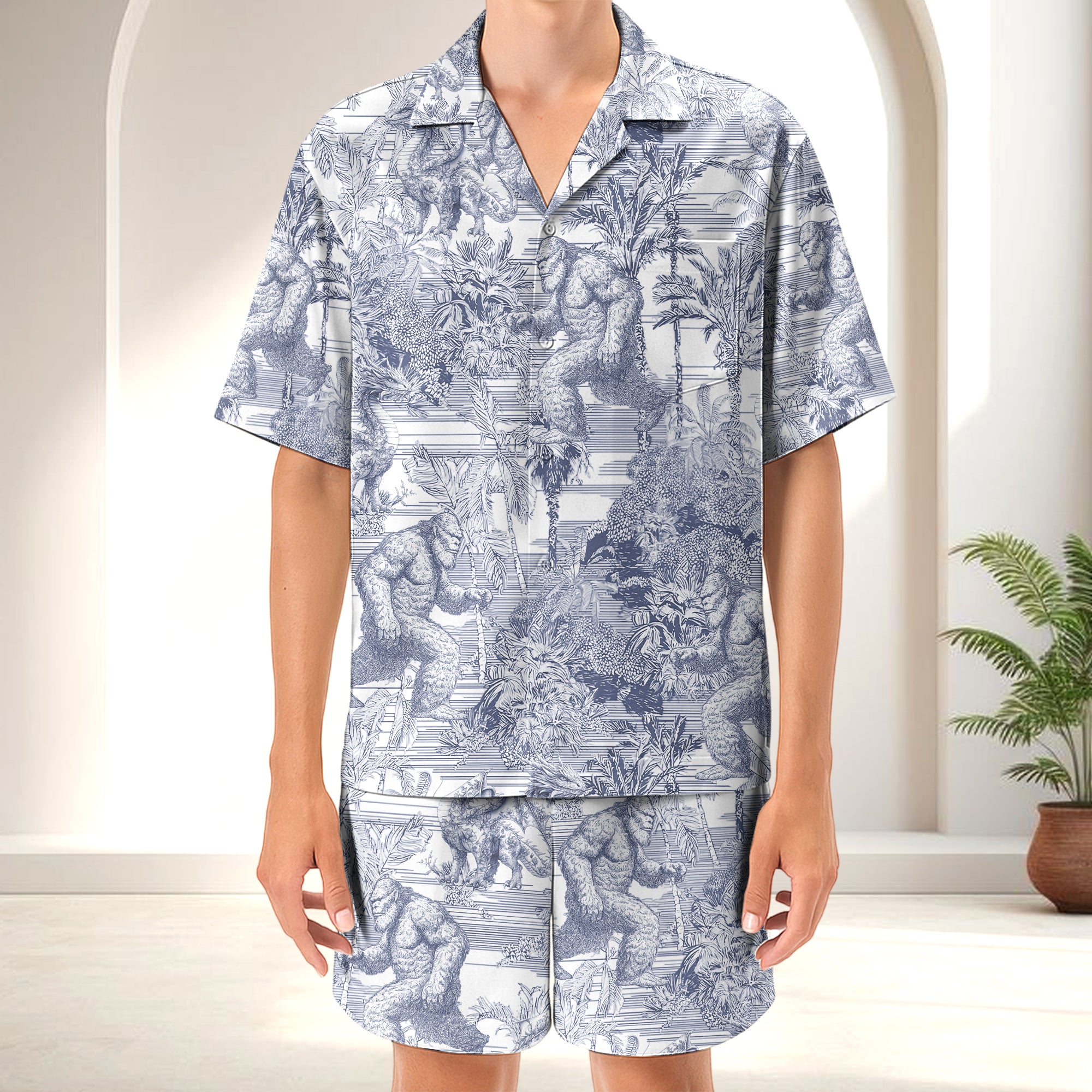 Bigfoot Alien Dragon Dinosaur Wolf Toile De Jouy - Personalized Short-Sleeved Silk Shirt Hv01