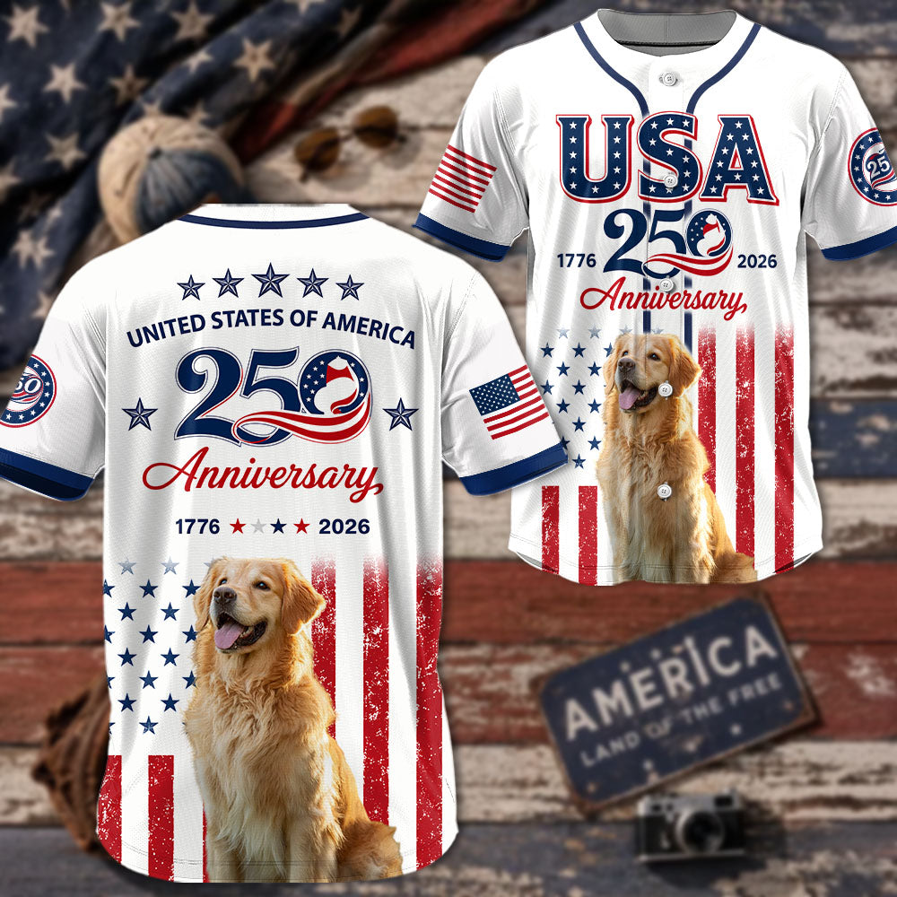 Custom Upload Photo Golden Retriever USA 250th Anniversary Baseball Jersey 1776-2026 Patriotic Dog Lovers Shirt Pt99