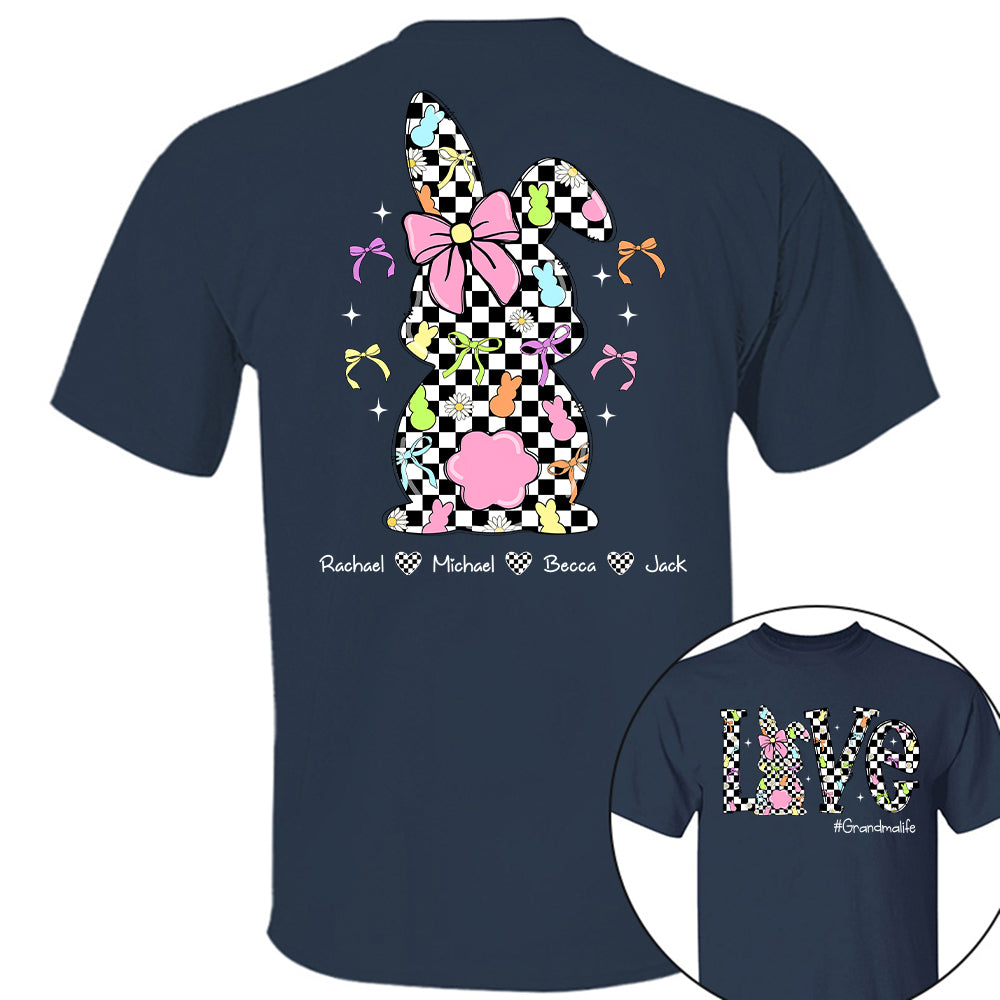 Custom Easter Retro Checkered Pink Bunny Bow T-Shirt, Personalized Gift For Grandma & Kids Tu20