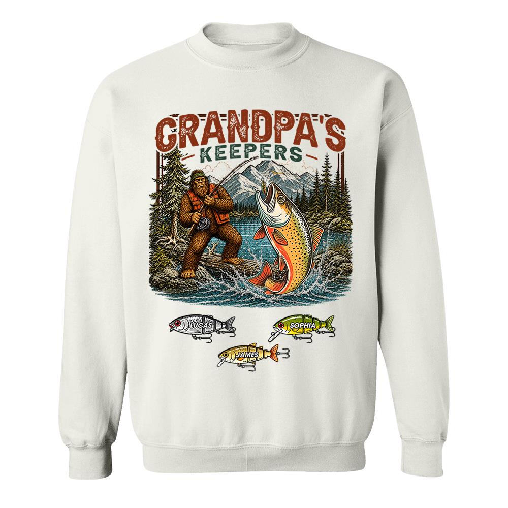 Grandpa's Keepers Bigfoot Fishing Shirt, Personalized Dad Shirt With Custom Kids, Bigfoot Fisherman Father's Day Gift, Gift for Dad Na02 Nh00