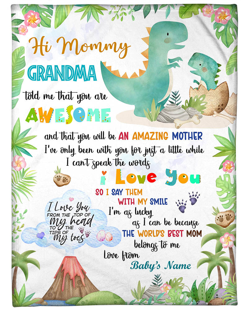 Personalized Hi Mommy Grandma Told Me That You Are Awesome Cute Dinosaur Blanket For New Mom