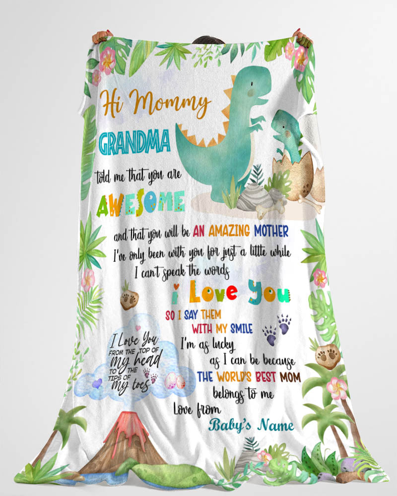 Personalized Hi Mommy Grandma Told Me That You Are Awesome Cute Dinosaur Blanket For New Mom