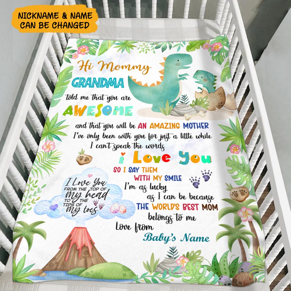 Personalized Hi Mommy Grandma Told Me That You Are Awesome Cute Dinosaur Blanket For New Mom