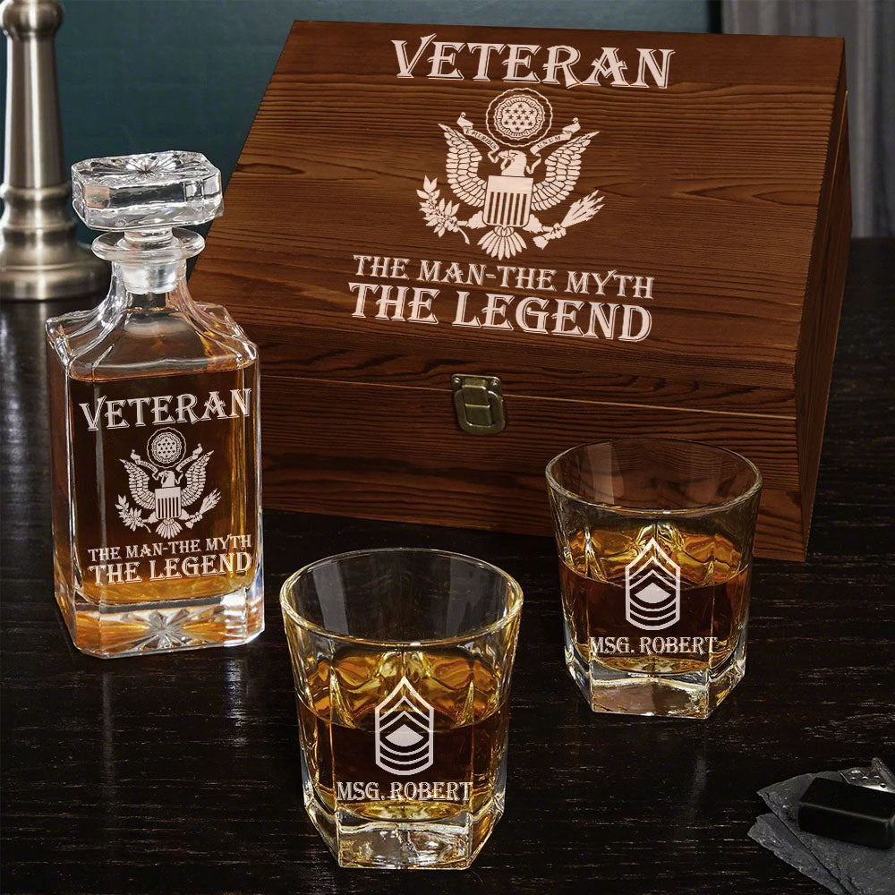 Veteran The Man The Myth The Legend Personalized Whiskey Decanter Set Gift For Veteran Dad Grandpa H2511