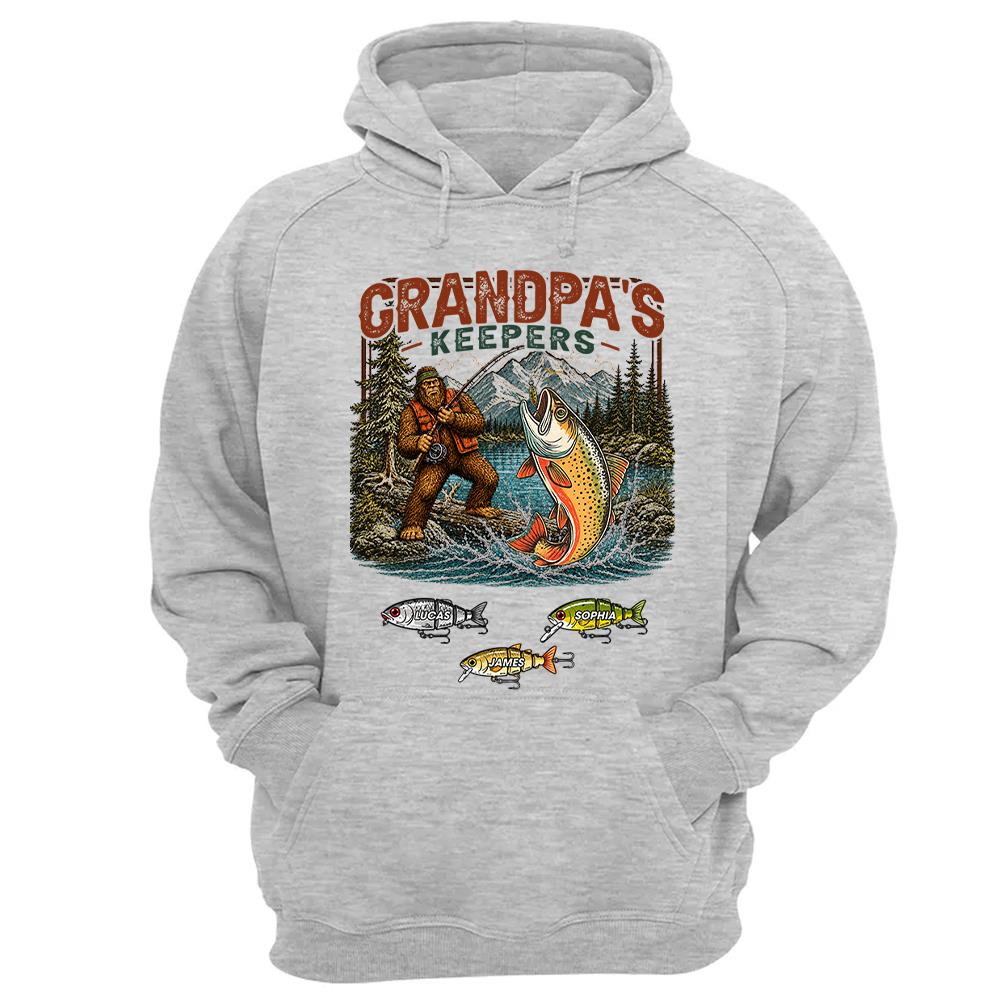 Grandpa's Keepers Bigfoot Fishing Shirt, Personalized Dad Shirt With Custom Kids, Bigfoot Fisherman Father's Day Gift, Gift for Dad Na02 Nh00