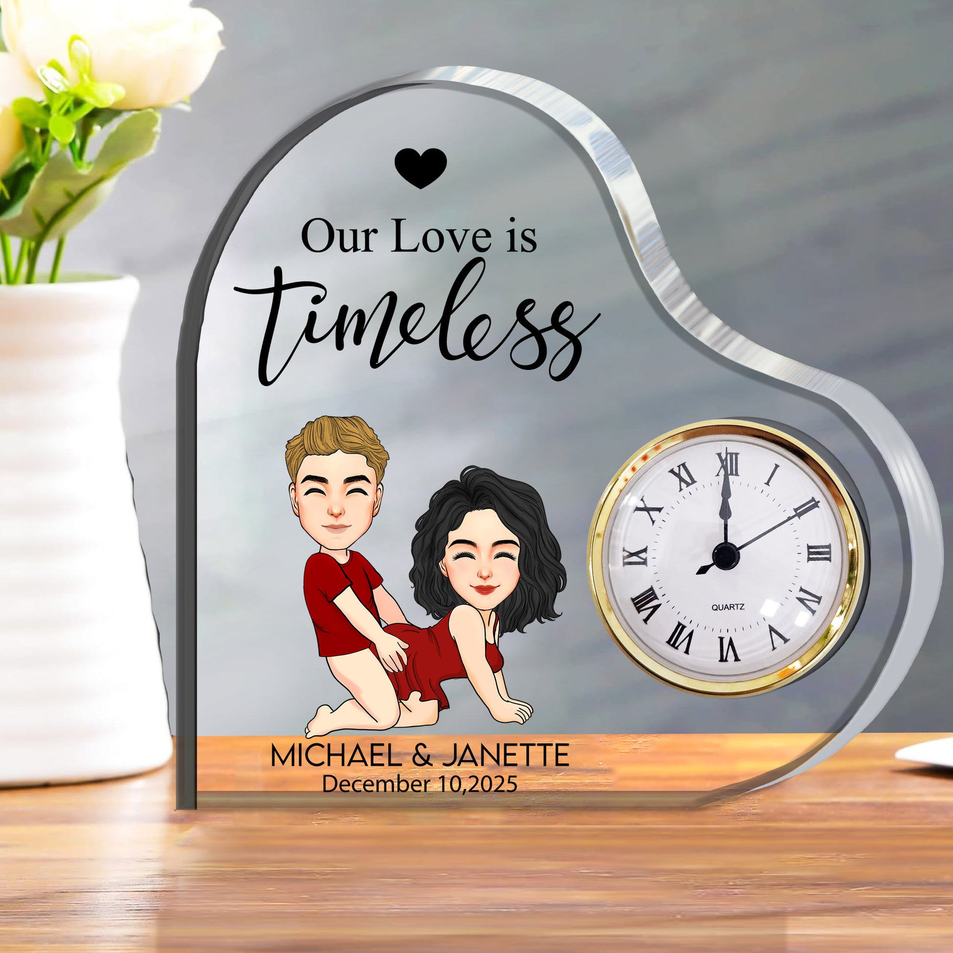 Anniversary Engraved Heart Clock -  Personalized Acrylic Desk Clock Plaque For Couple Nh00