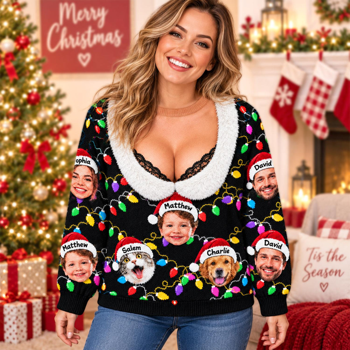 Personalized Funny Faux Cleavage Ugly Sweater, Lace-Trim Holiday Party Top, Custom Face Christmas Family Silly Xmas Leds T1807 Hv01