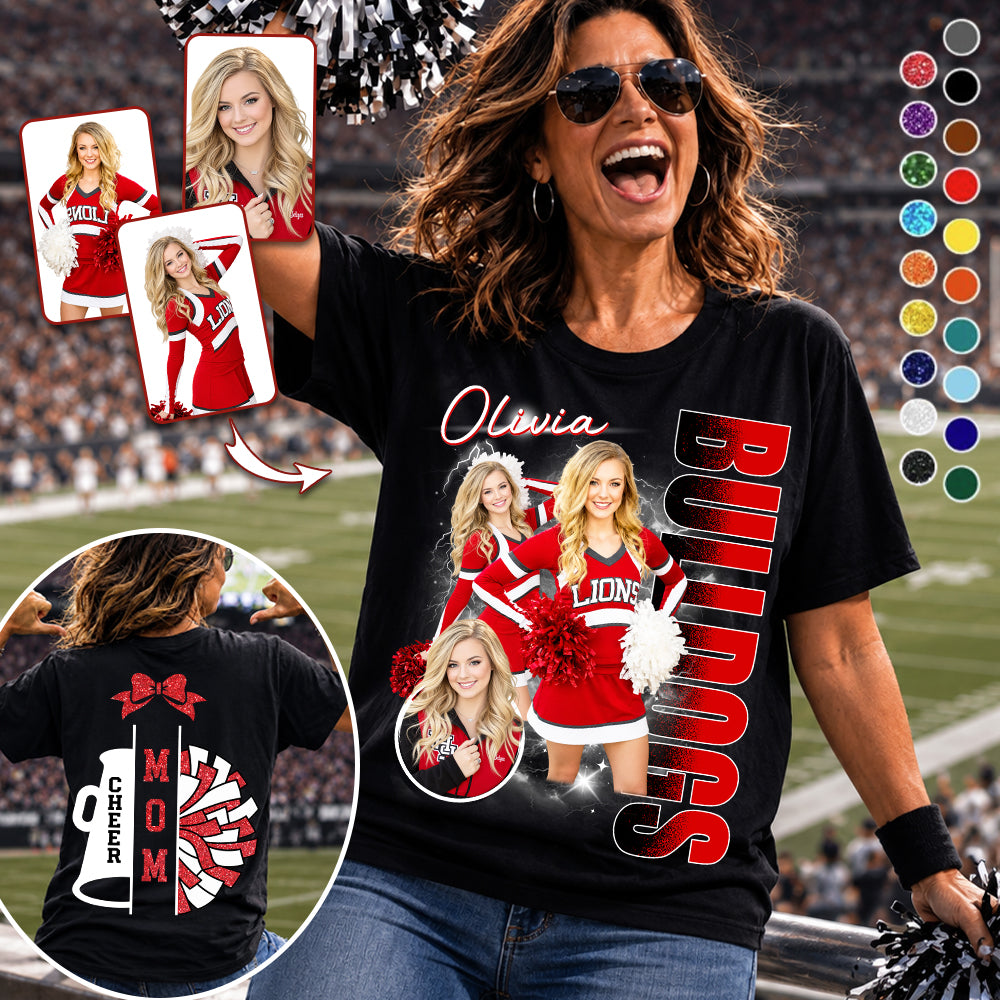Personalized Cheerleader Team Name & School Name Bootleg Style Tee, Custom Photo Cheerleading Shirt, Gift For Cheer Mom Cheerleader Lovers MI209 TH23