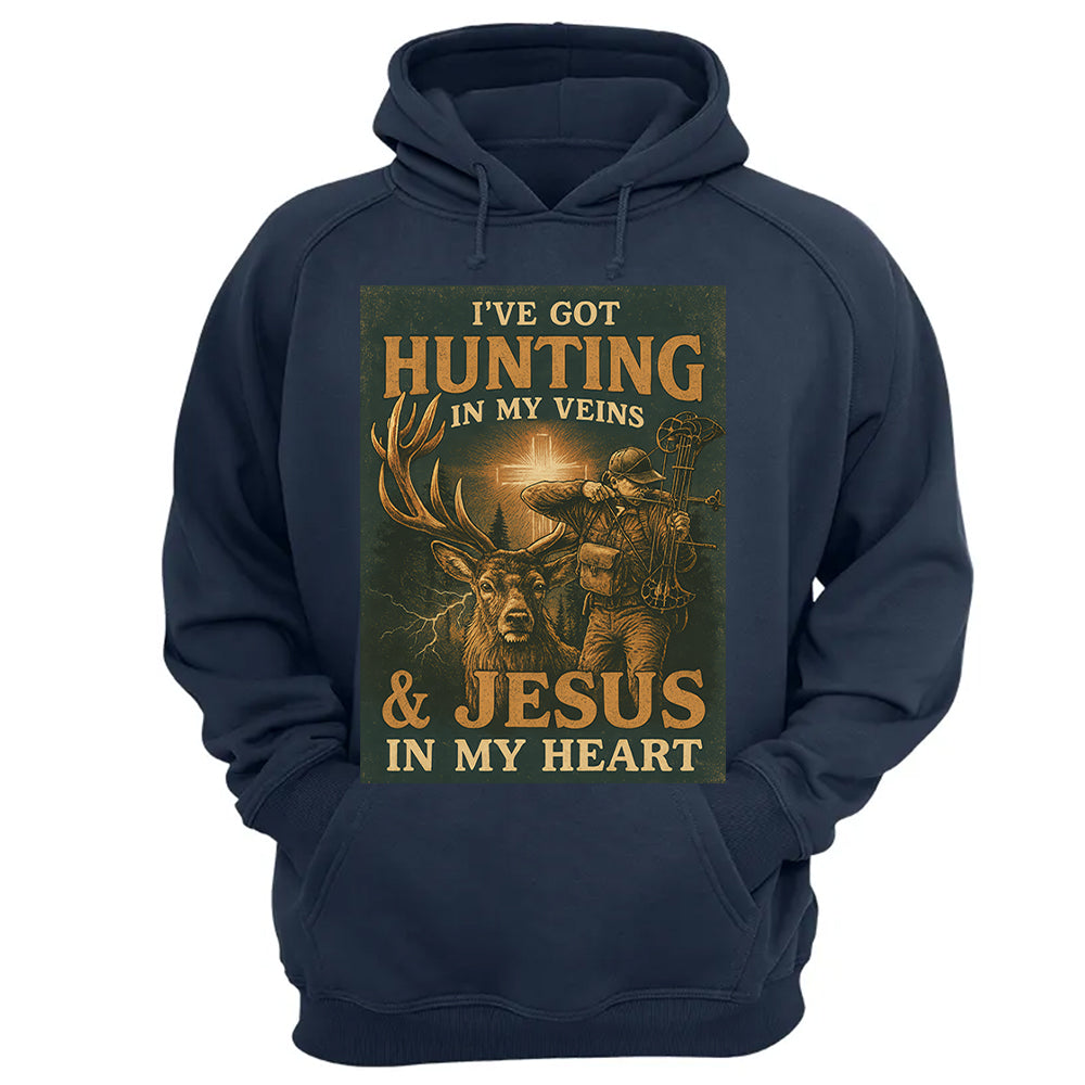 I've Got Hunting In My Veins & Jesus In My Heart Shirt For Hunting Lovers New Pt99