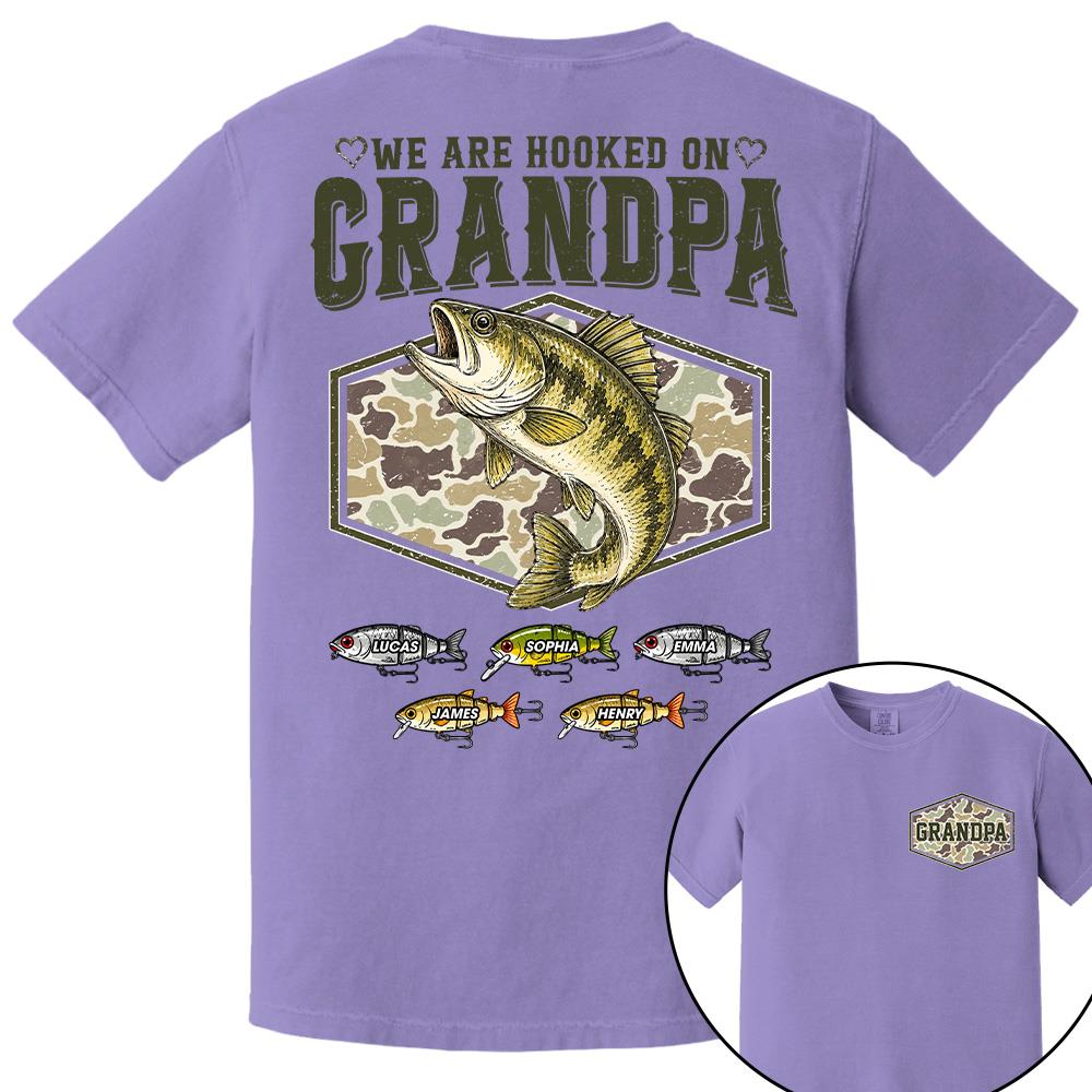 We Are Hooked On Grandpa Personalized Vintage Retro Fishing Shirt, Custom Fishing Gift for Dad, Father's Day Tee Na02 Hv01