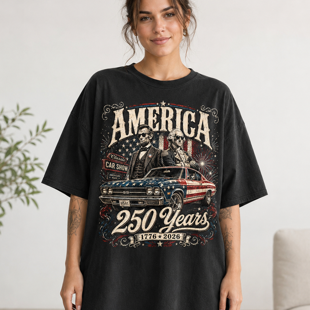 250 Years America Anniversary Classic Car Shirt, George Washington & Lincoln Playing Guitar, Funny 4th of July Tee For Car Lovers Hv01