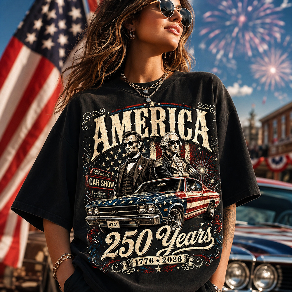 250 Years America Anniversary Classic Car Shirt, George Washington & Lincoln Playing Guitar, Funny 4th of July Tee For Car Lovers Hv01