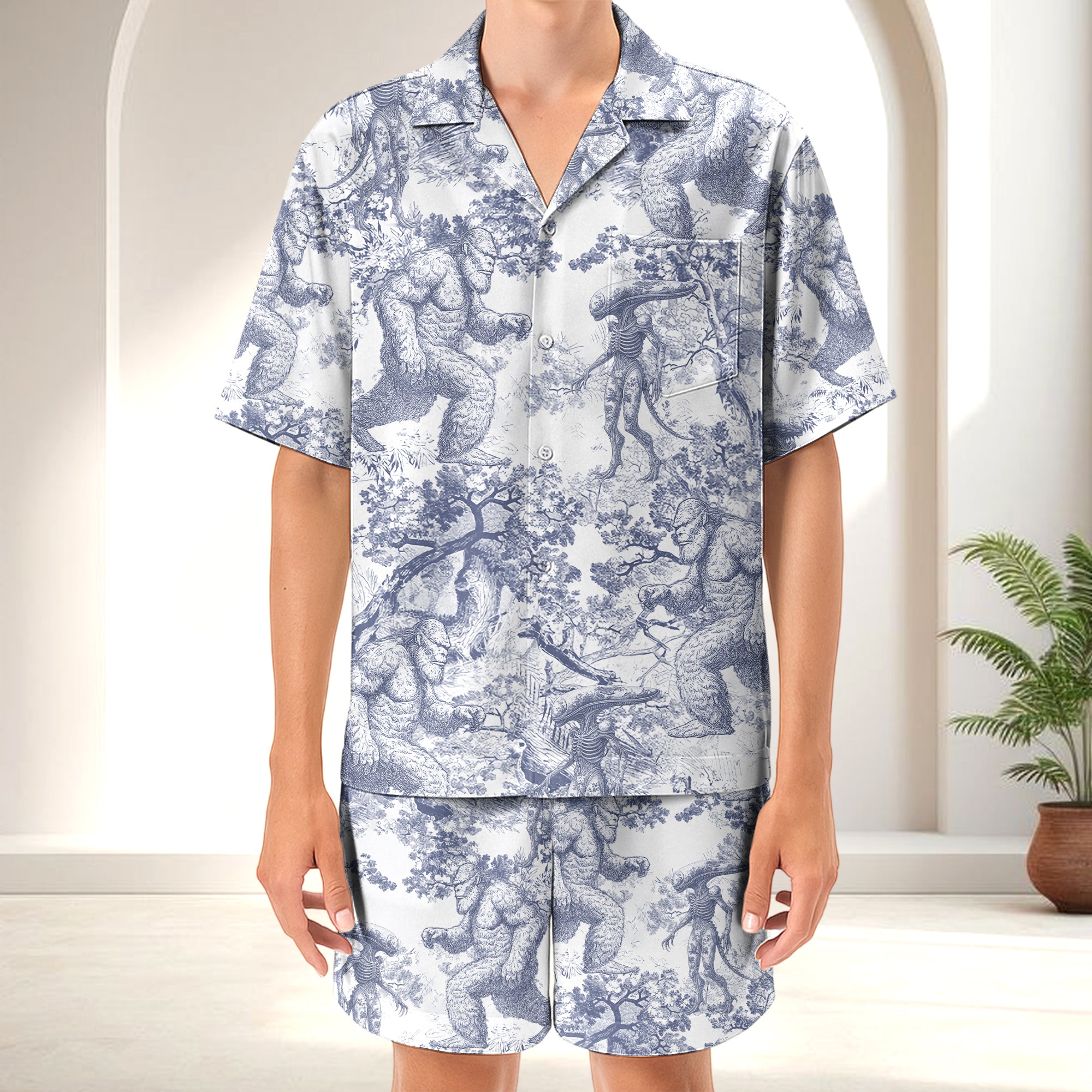 Bigfoot Alien Dragon Dinosaur Wolf Toile De Jouy - Personalized Short-Sleeved Silk Shirt Hv01