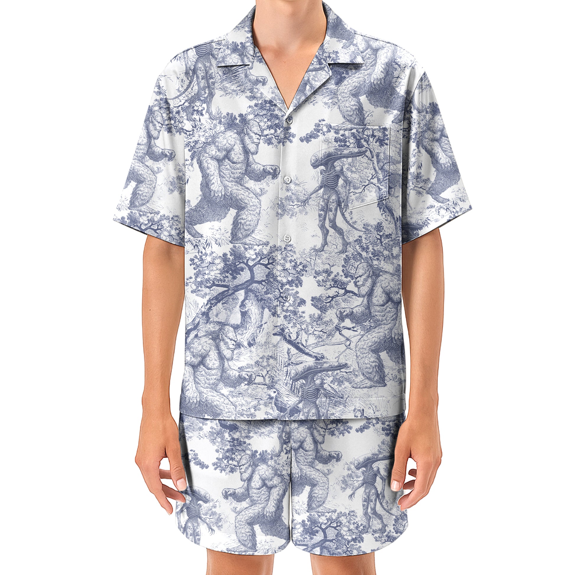 Bigfoot Alien Dragon Dinosaur Wolf Toile De Jouy - Personalized Short-Sleeved Silk Shirt Hv01