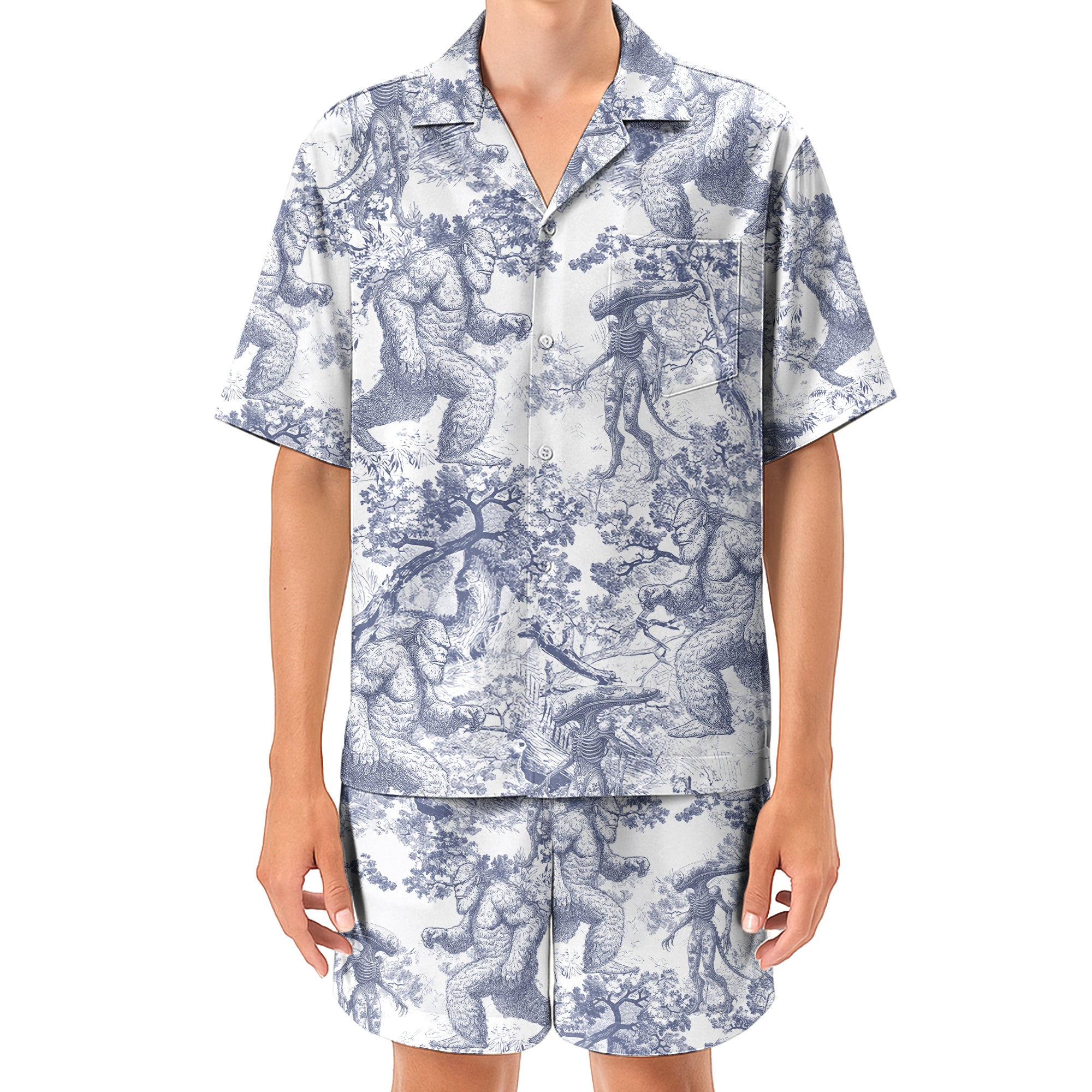 Bigfoot Alien Dragon Dinosaur Wolf Toile De Jouy - Personalized Short-Sleeved Silk Shirt Hv01