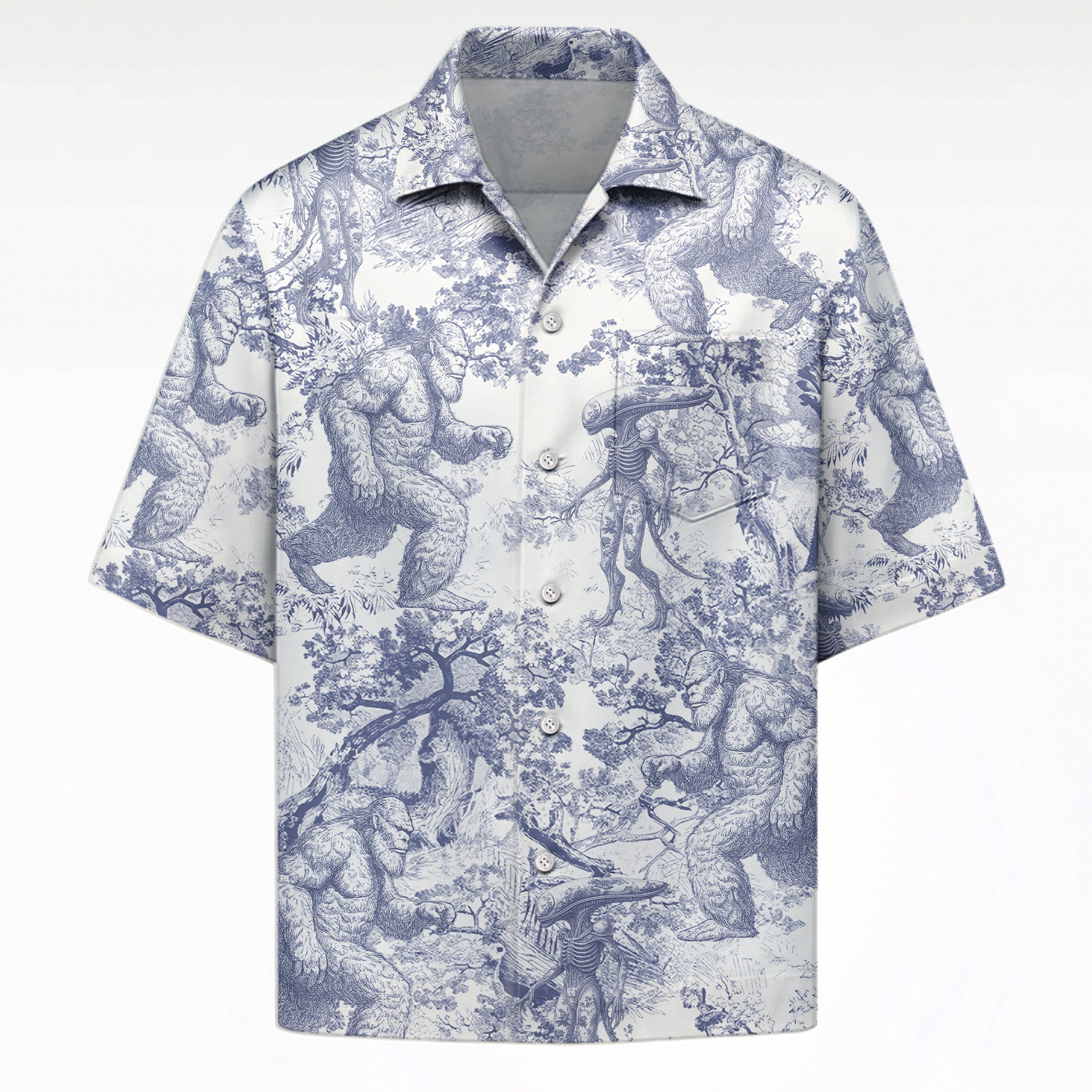 Bigfoot Alien Dragon Dinosaur Wolf Toile De Jouy - Personalized Short-Sleeved Silk Shirt Hv01