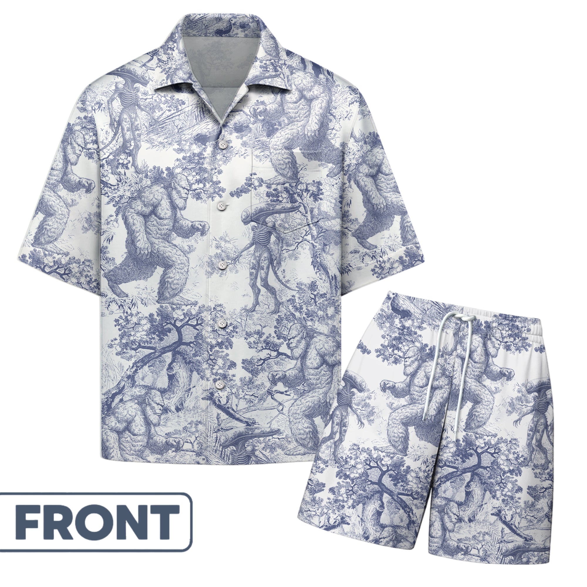 Bigfoot Alien Dragon Dinosaur Wolf Toile De Jouy - Personalized Short-Sleeved Silk Shirt Hv01