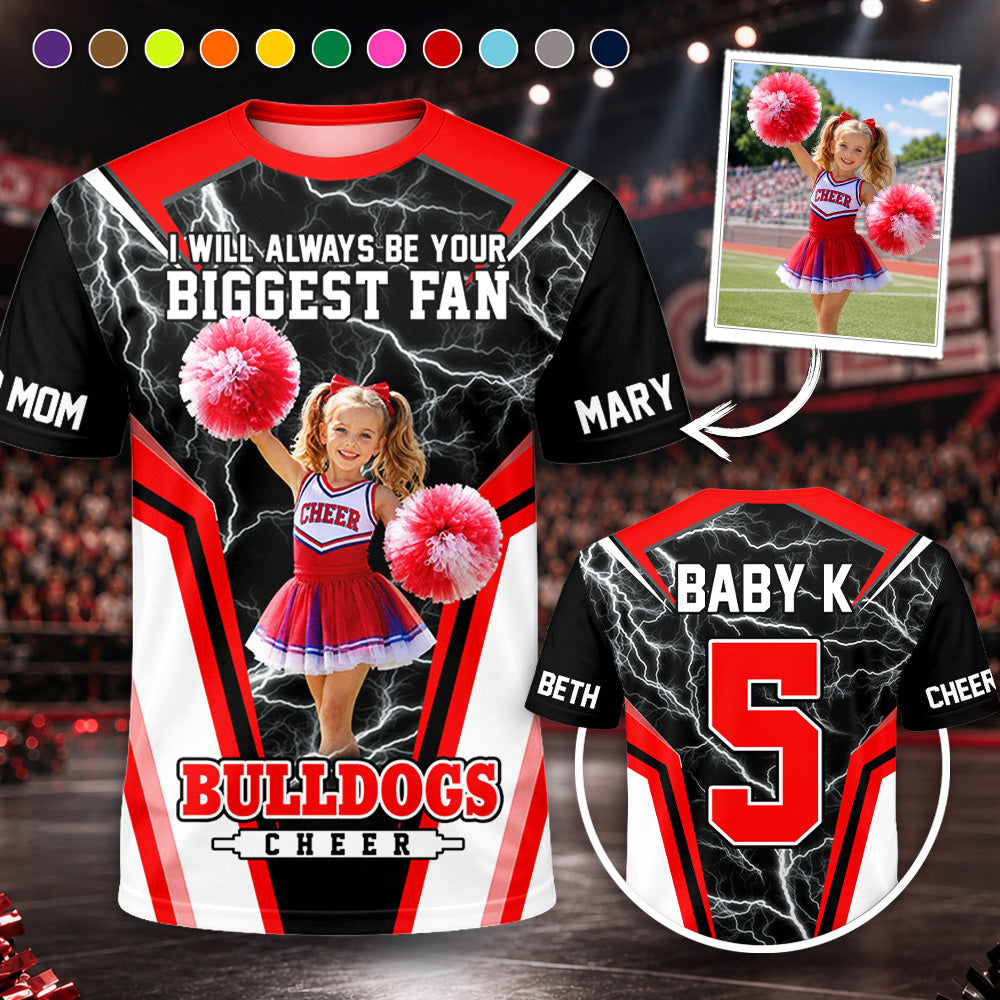 Personalized Cheer Mom Shirt, I’ll Always Be Your Biggest Fan, Custom Player Name & Number All Over Print Game Day Shirt for Mom Grandma Family Hv01 