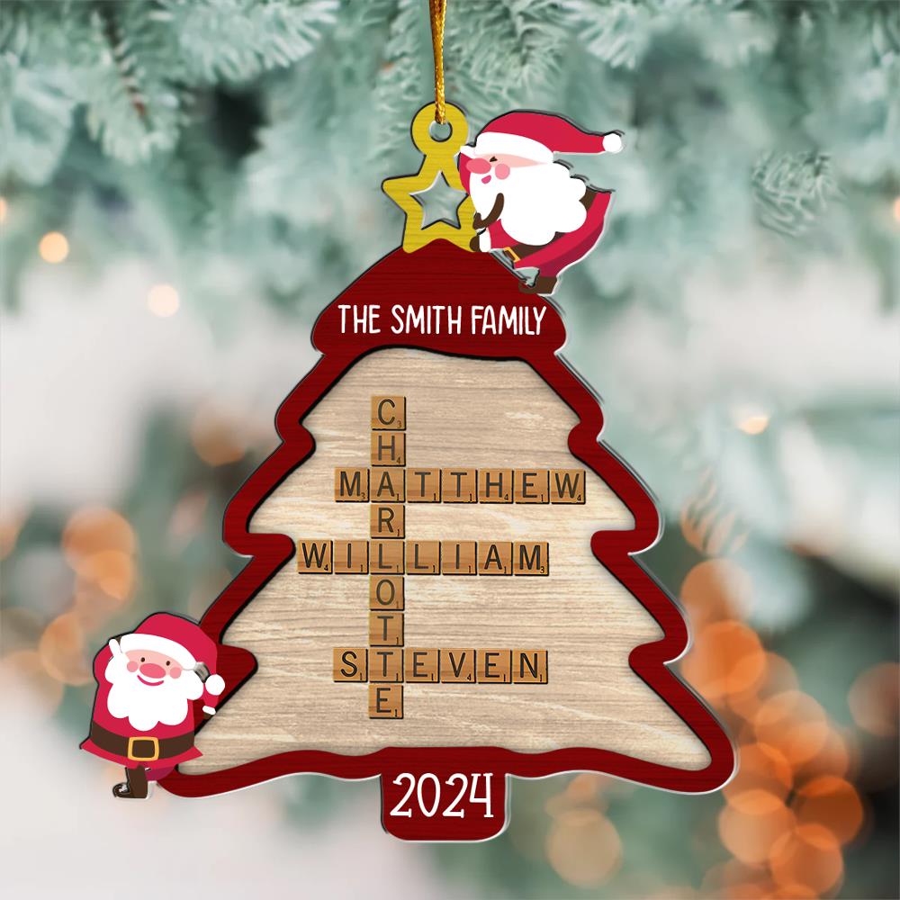 2024 Family Christmas Tree Crossword Name Ornament, Personalized Family Names Wooden Crossword Ornament, Family Christmas Gifts Nh00