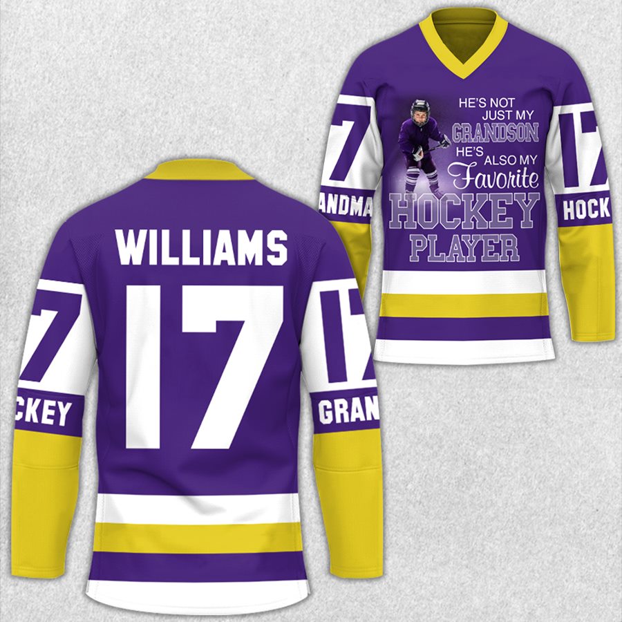 He's Not Just My Grandson, He's My Favorite Hockey Player Hockey Jersey Shirt Gift For Grandma Mom Hockey Family H2511 Trna