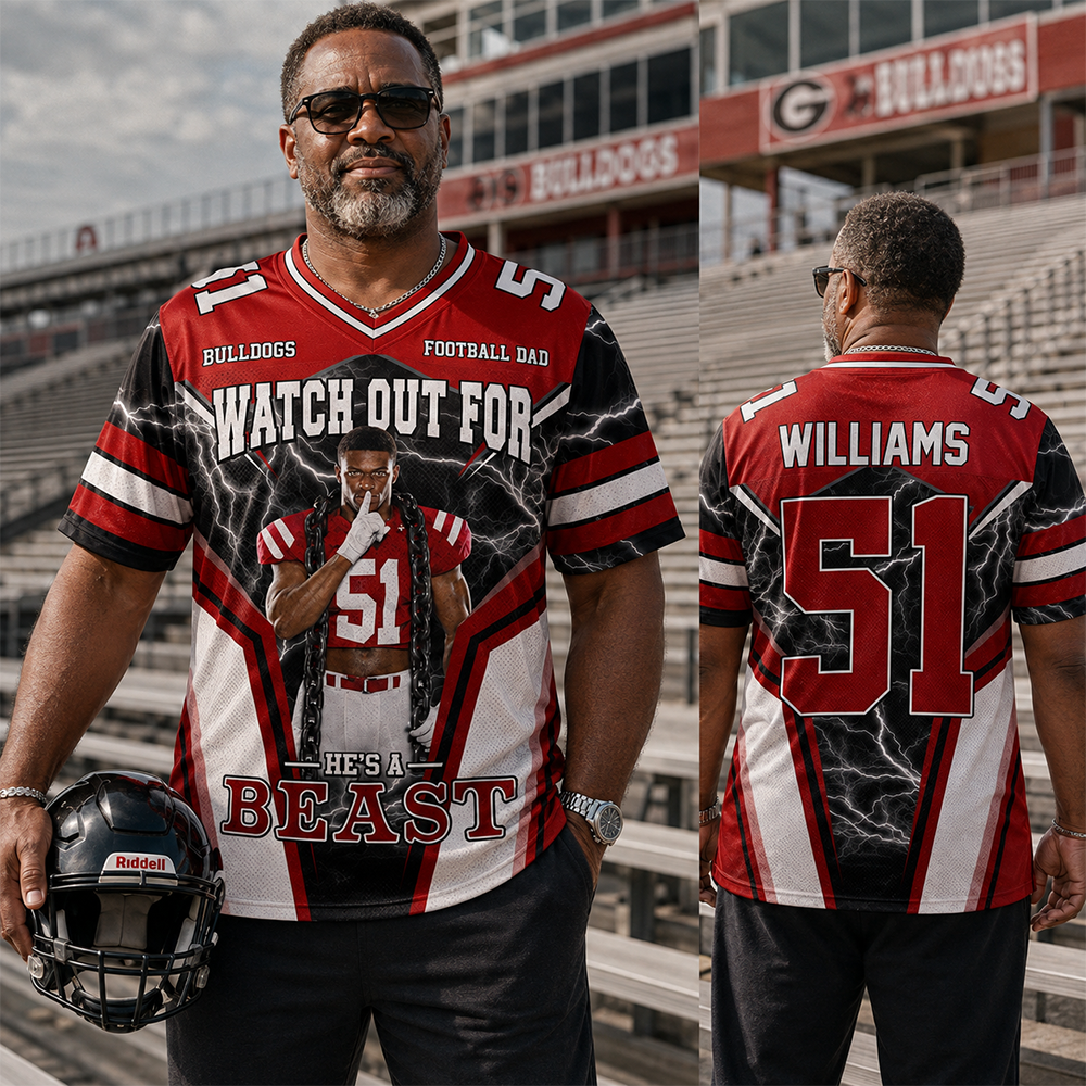 Watch Out for He’s a Beast Personalized Football Mom Jersey, Custom Name & Number Sports Jersey,Football Mom Gift Na02 Hv01