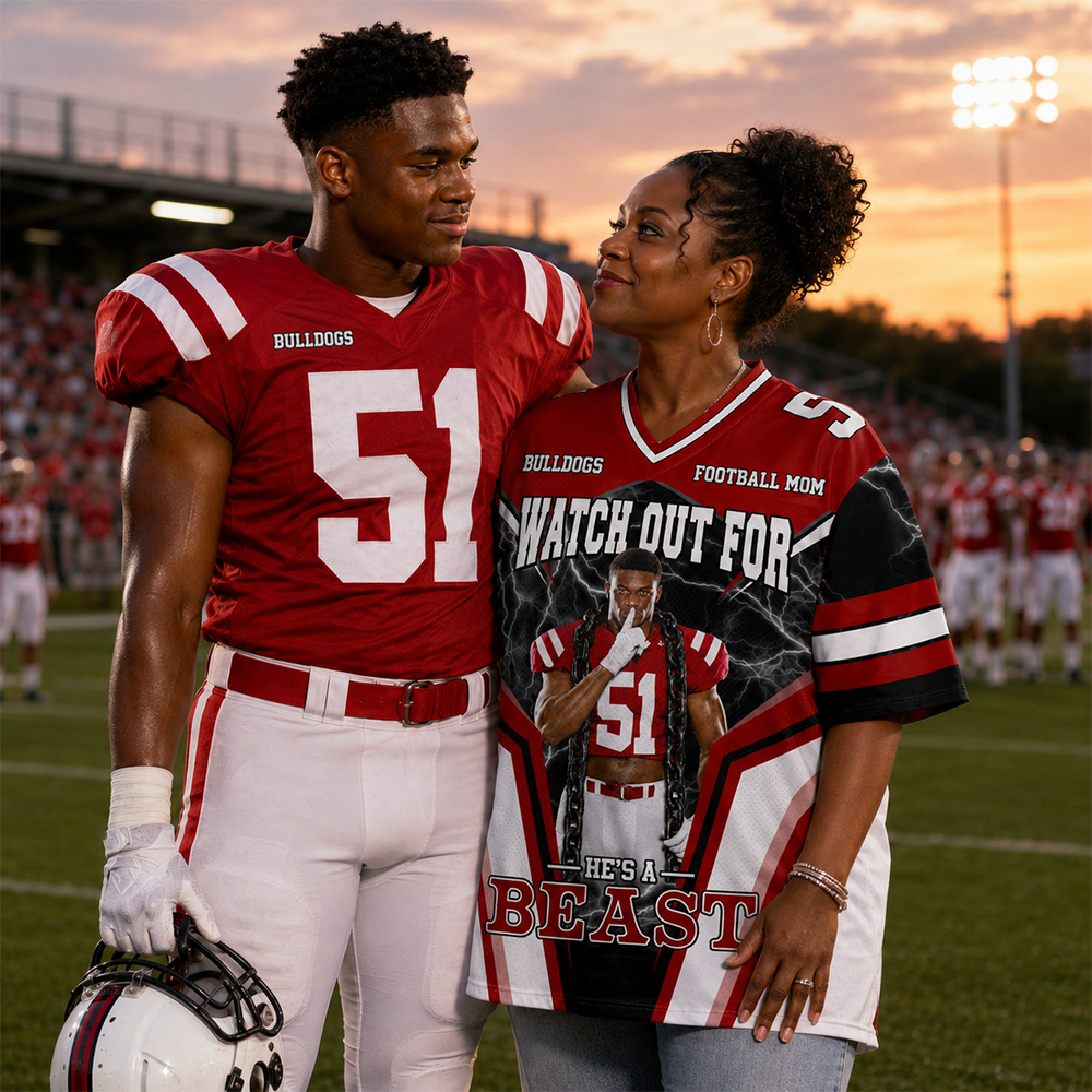Watch Out for He’s a Beast Personalized Football Mom Jersey, Custom Name & Number Sports Jersey,Football Mom Gift Na02 Hv01