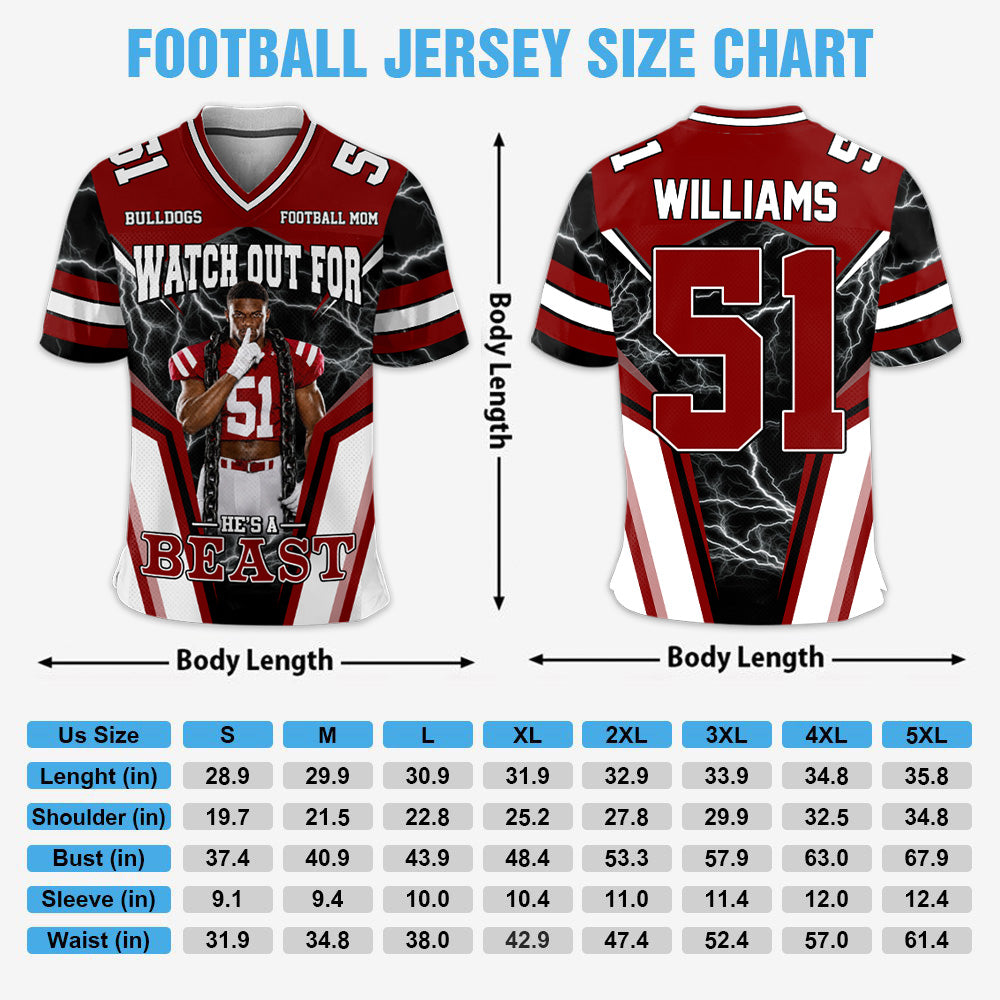 Watch Out for He’s a Beast Personalized Football Mom Jersey, Custom Name & Number Sports Jersey,Football Mom Gift Na02 Hv01