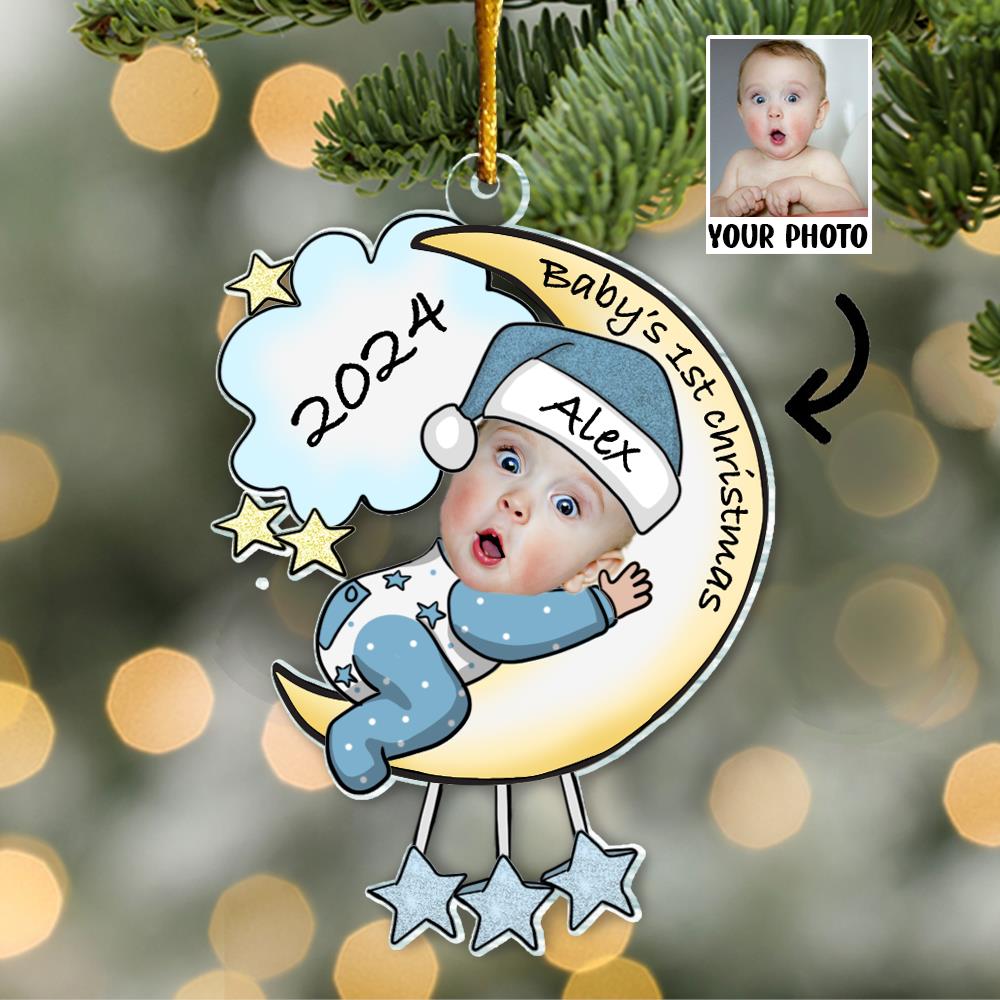 Personalized Photo Baby's First Christmas Ornament - Baby on Moon Christmas Tree Ornament - Personalized Acrylic Photo Ornament Gift for Newborn