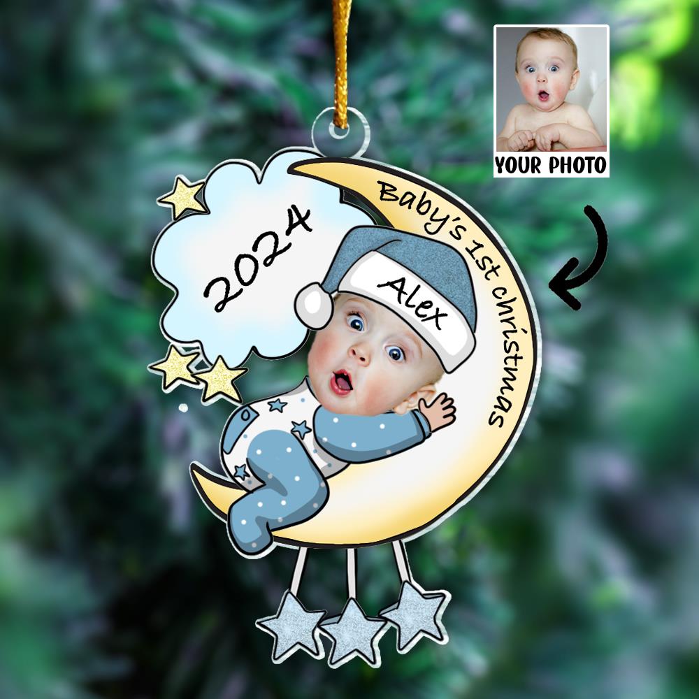 Personalized Photo Baby's First Christmas Ornament - Baby on Moon Christmas Tree Ornament - Personalized Acrylic Photo Ornament Gift for Newborn