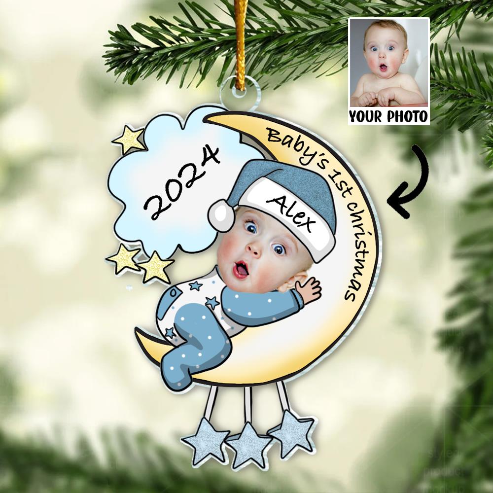 Personalized Photo Baby's First Christmas Ornament - Baby on Moon Christmas Tree Ornament - Personalized Acrylic Photo Ornament Gift for Newborn