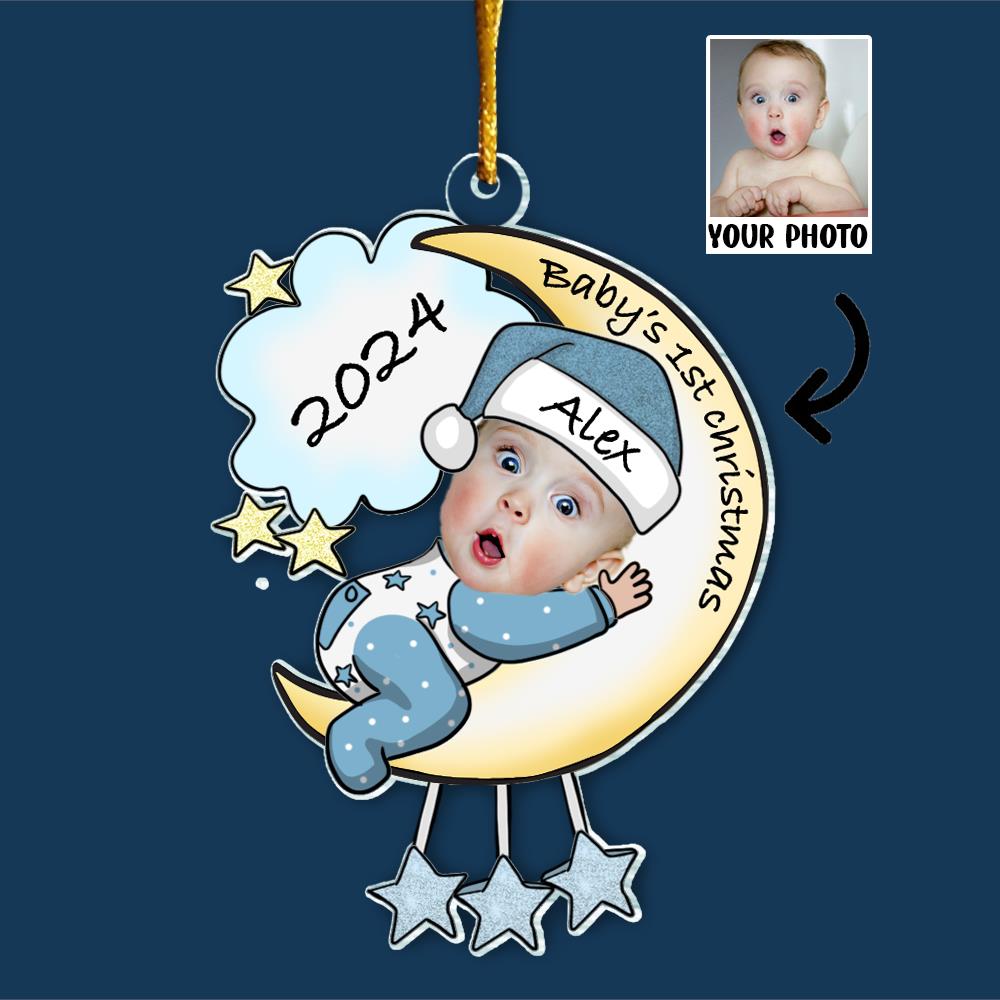 Personalized Photo Baby's First Christmas Ornament - Baby on Moon Christmas Tree Ornament - Personalized Acrylic Photo Ornament Gift for Newborn