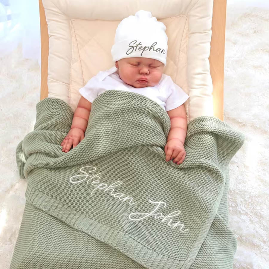 Embroidered Knit Baby Blanket, Soft Cotton Knit Baby Blanket, Custom Baby Name Blanket, Baby Shower Gift, Newborn Blanket, Keepsake Gift for Baby Pt99