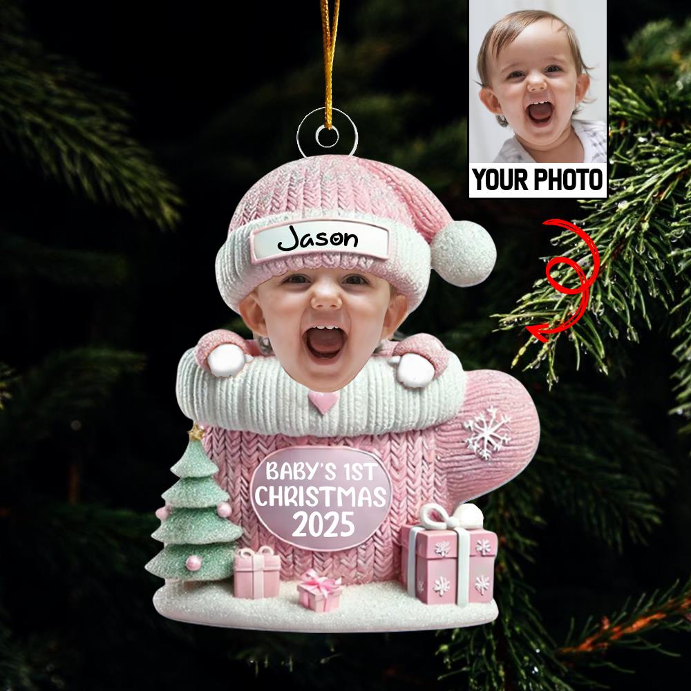 Baby In Mitten - Custom Photo Baby’s 1st Christmas Acrylic Ornament A2110