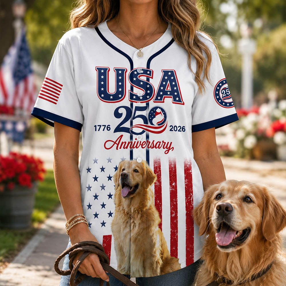 Custom Upload Photo Golden Retriever USA 250th Anniversary Baseball Jersey 1776-2026 Patriotic Dog Lovers Shirt