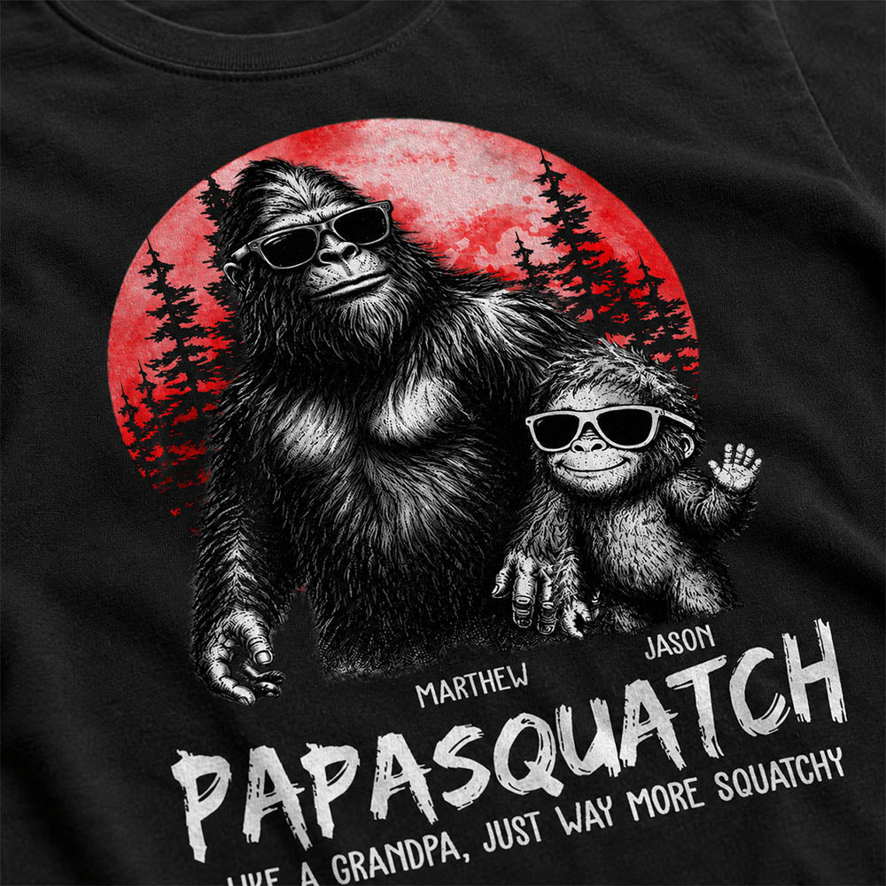 Personalized Papasquatch, Like A Grandpa, Just Way More Squatchy T-Shirt Father Day Gifts for Dad Funny Papa Tshirt Cool Daddy Bigfoot Tee, Red Moon Style