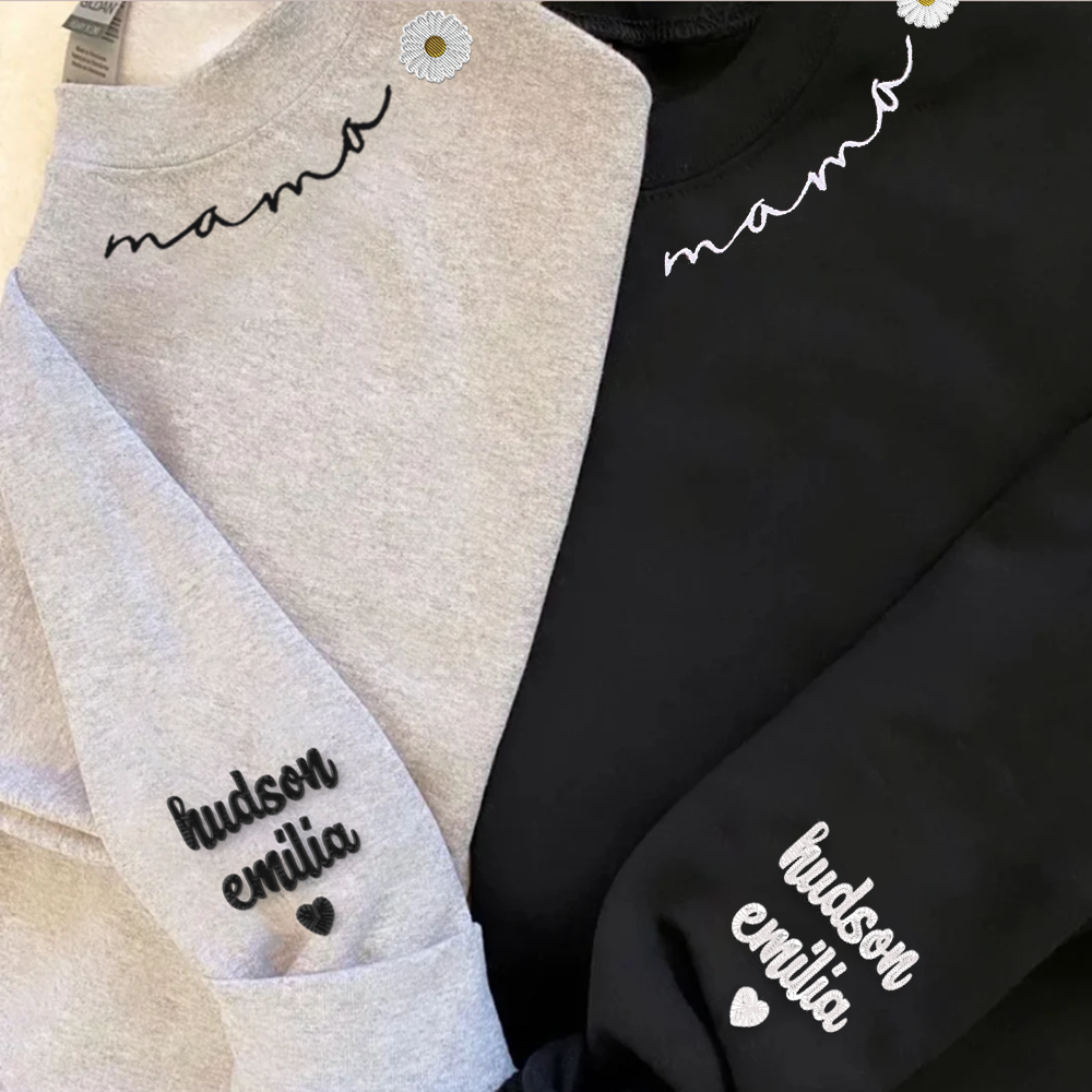Custom Mama Embroidered Sweatshirt With Kid Name On Sleeve - Personalized Grandma Embroidered Sweatshirt