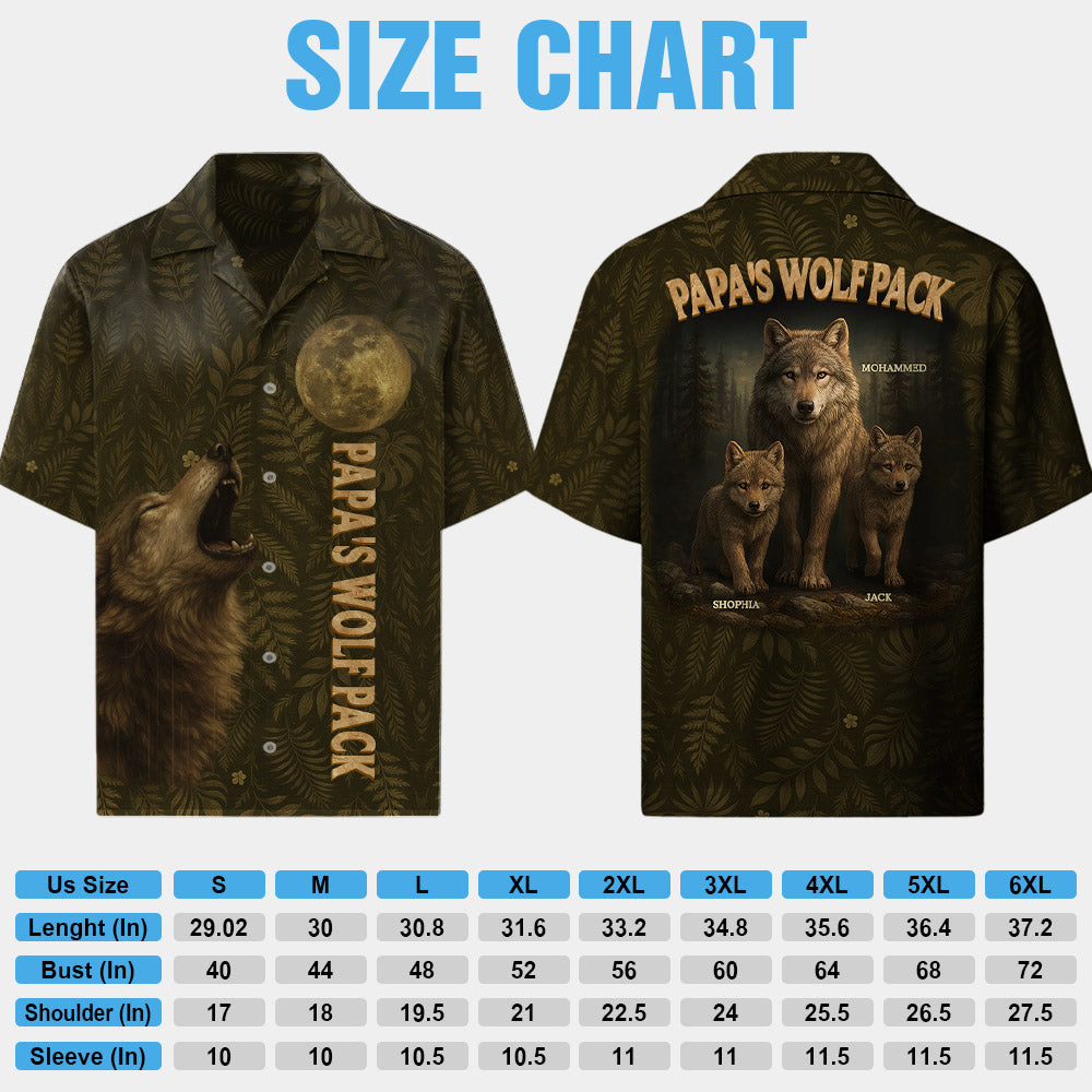Custom Papa Wolf Pack Hawaiian Shirt, Custom Grandpa With Kids Names Short Sleeve Silk Shirt, Personalized Wolf Pack Tee, Gift For Grandpa, Father's Day Gift