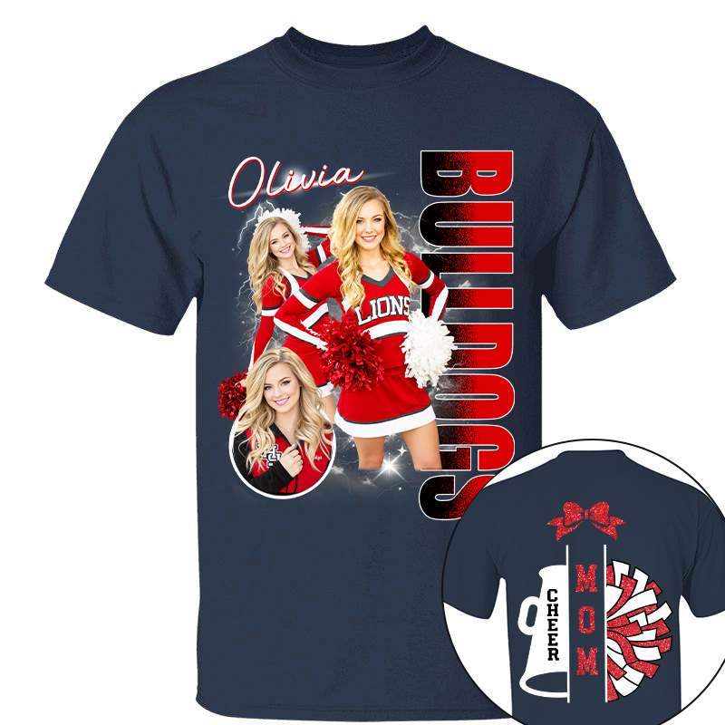 Personalized Cheerleader Team Name & School Name Bootleg Style Tee, Custom Photo Cheerleading Shirt, Gift For Cheer Mom Cheerleader Lovers MI209 TH23