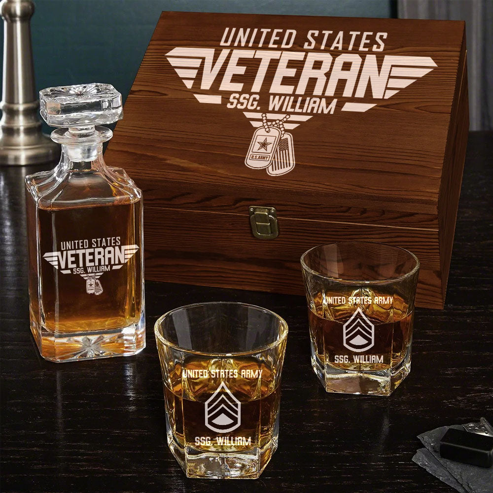 United States Veteran Custom All Branches Whiskey Decanter Set Gift For Veteran Dad Grandpa H2511