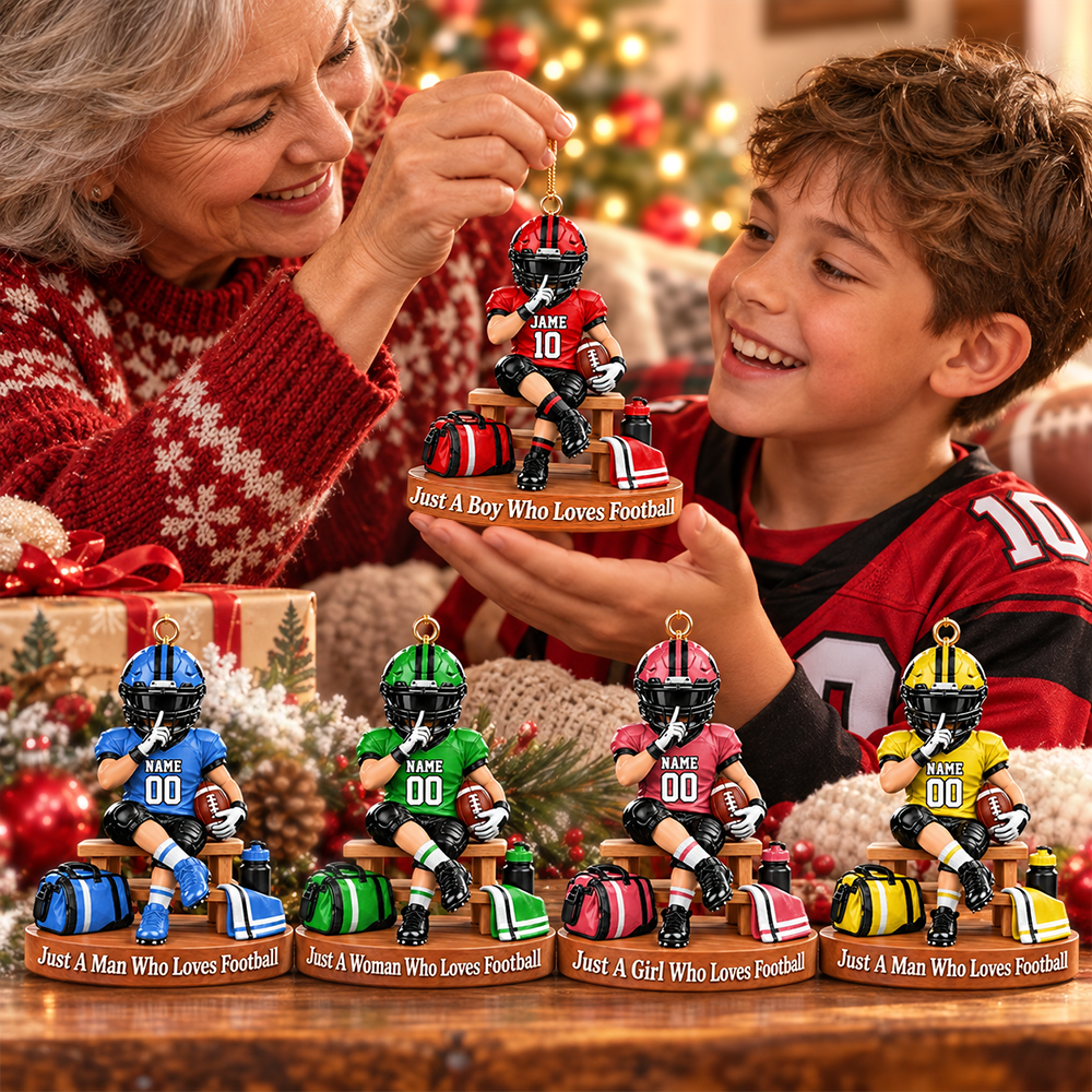 Personalized Football Player Christmas Ornament, Custom Name, Number & Uniform Colors, Just a Boy Who Loves Football Gift Hv01