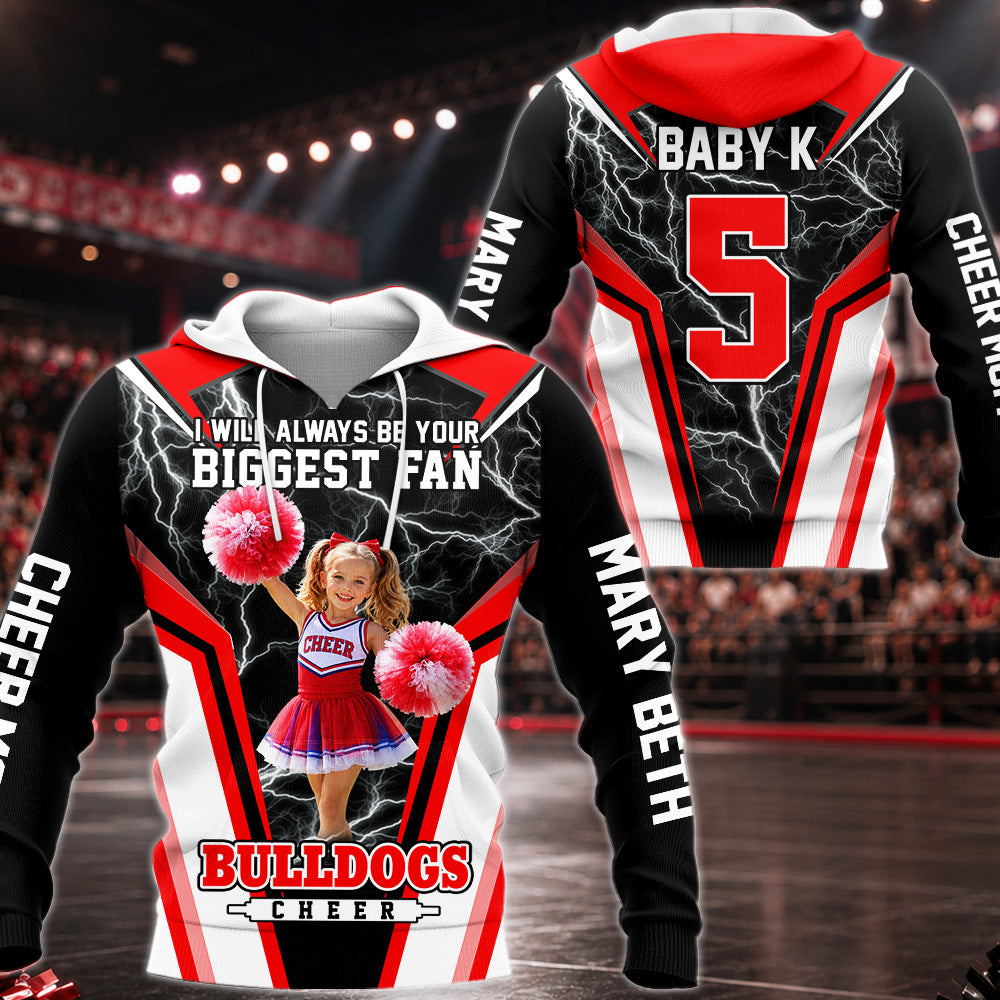 Personalized Cheer Mom Shirt, I’ll Always Be Your Biggest Fan, Custom Player Name & Number All Over Print Game Day Shirt for Mom Grandma Family Hv01 