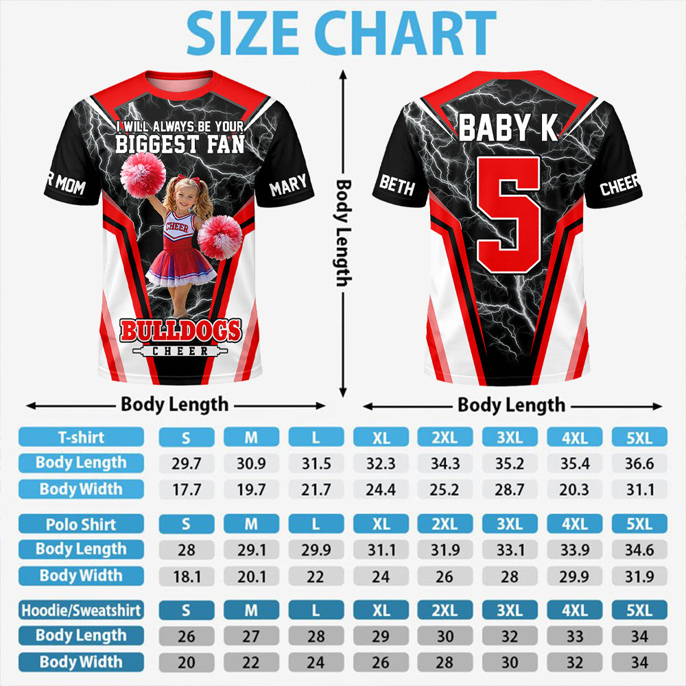 Personalized Cheer Mom Shirt, I’ll Always Be Your Biggest Fan, Custom Player Name & Number All Over Print Game Day Shirt for Mom Grandma Family Hv01 